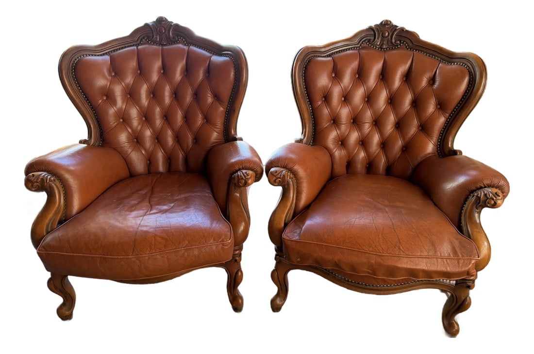 Pair of Victorian Style Tufted Leather Armchairs With Carved Wood Frames, Vintage (1 of 10)