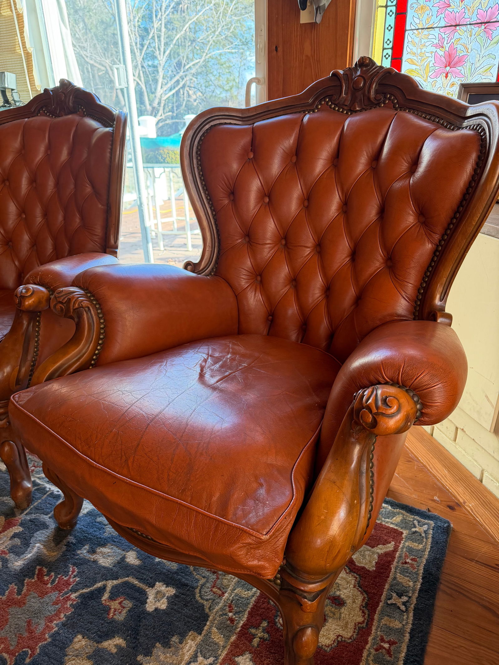 Pair of Victorian Style Tufted Leather Armchairs With Carved Wood Frames, Vintage - 2
