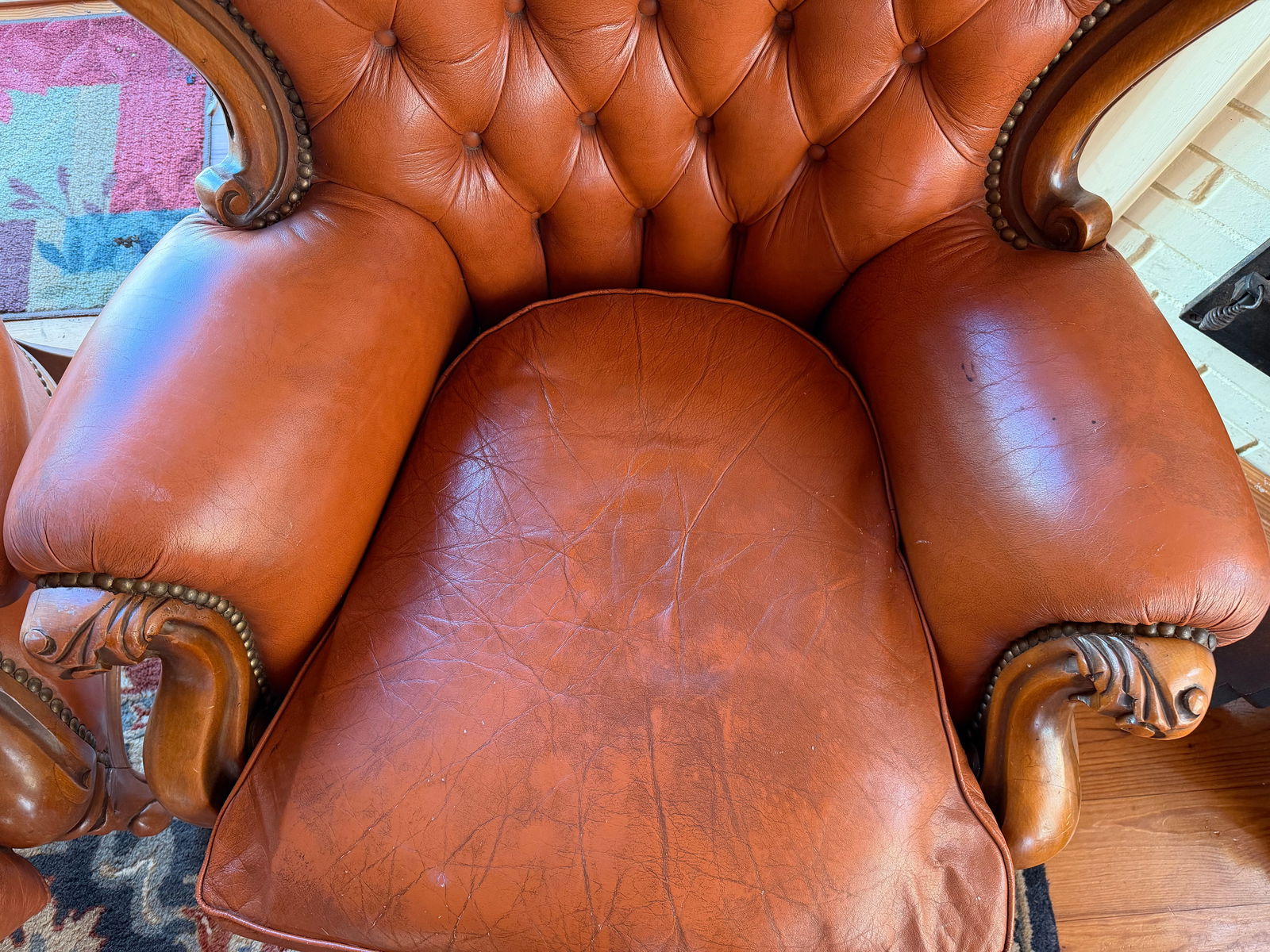 Pair of Victorian Style Tufted Leather Armchairs With Carved Wood Frames, Vintage - 3