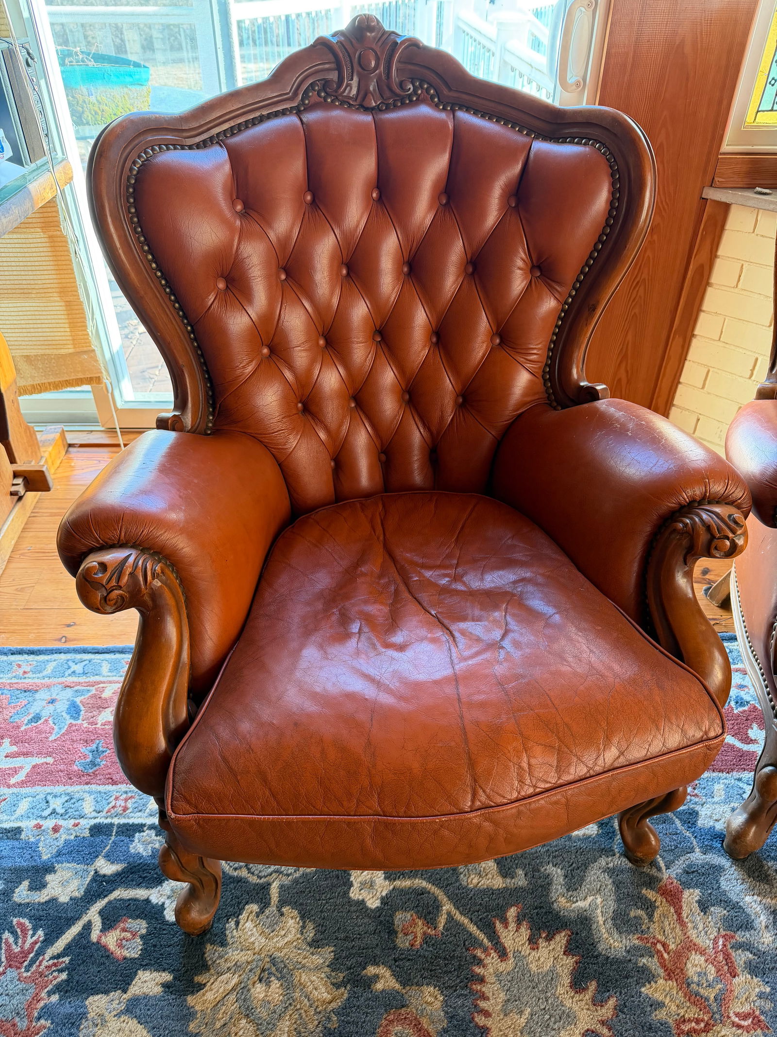 Pair of Victorian Style Tufted Leather Armchairs With Carved Wood Frames, Vintage - 5