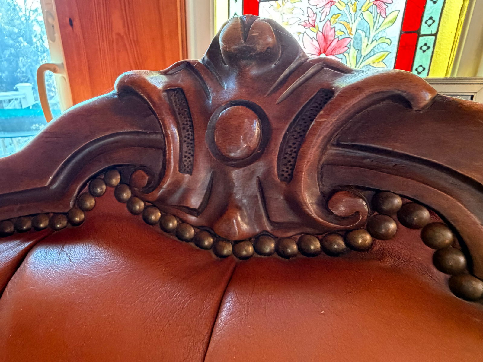 Pair of Victorian Style Tufted Leather Armchairs With Carved Wood Frames, Vintage - 6