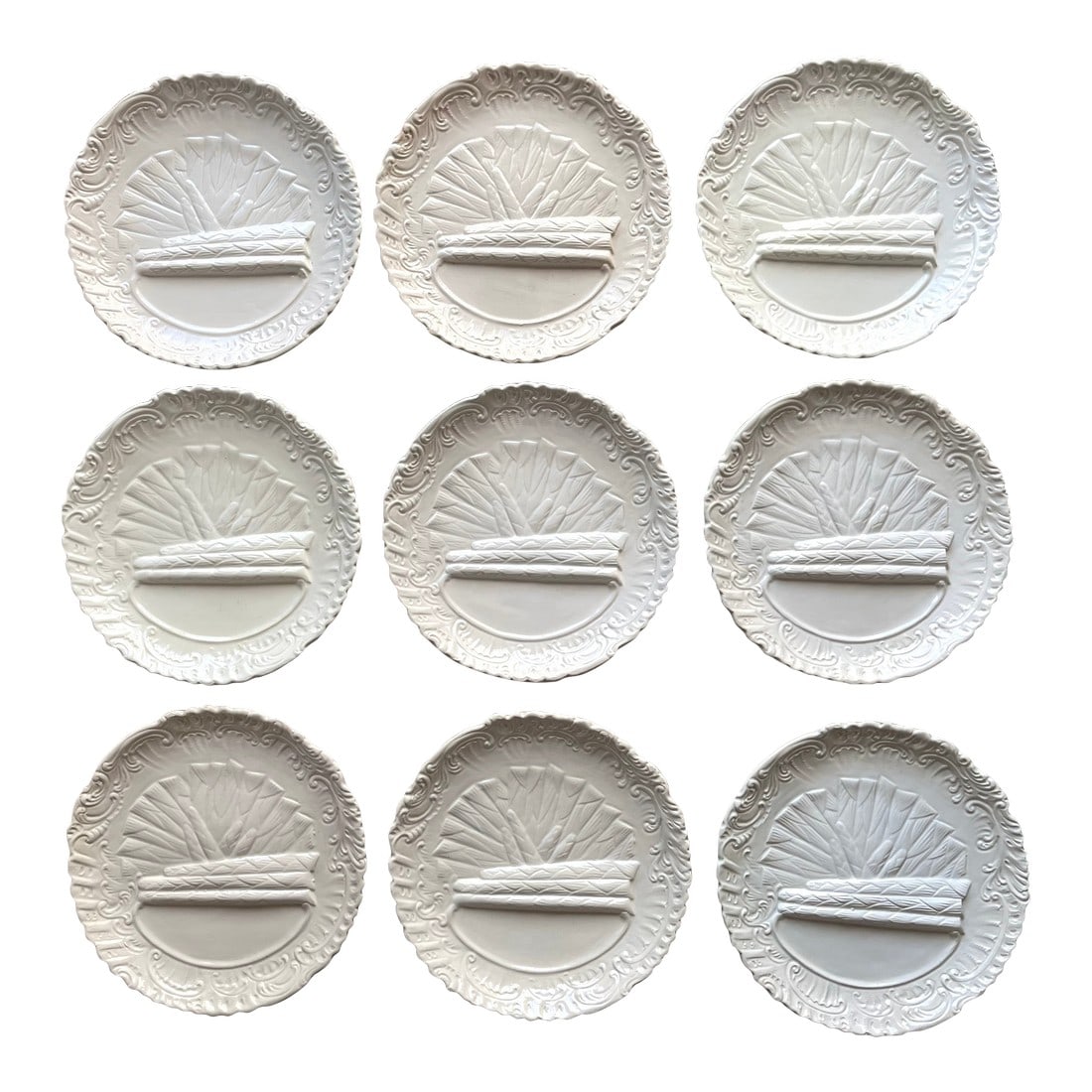 Vintage Italian Creamware Asparagus Plates-Set 9-Ed Langbien: This fabulous and very rare set of 9 Creamware /faience asparagus plates were made in Italy for Ed Langbien, originally an Industrial designer in New York and later operated a design business until