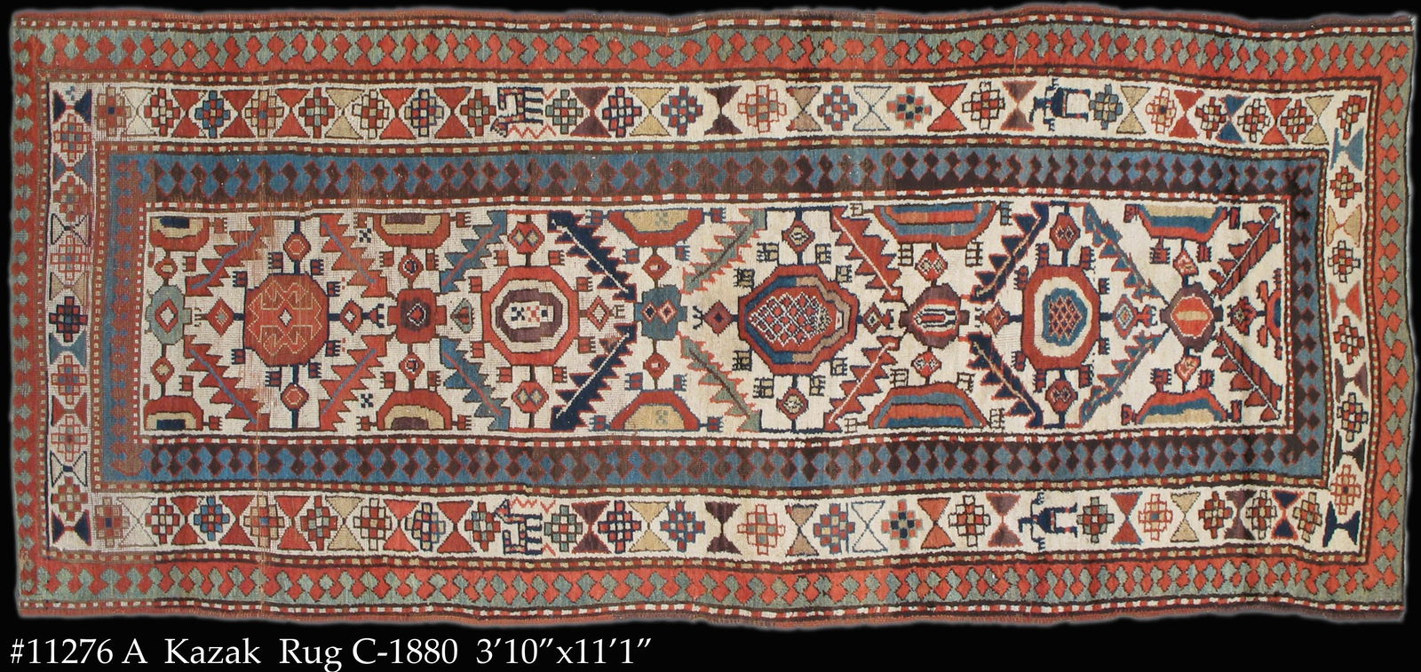 Antique Kazak/ Caucasian Runner, 3'10" X 11'1" - 5