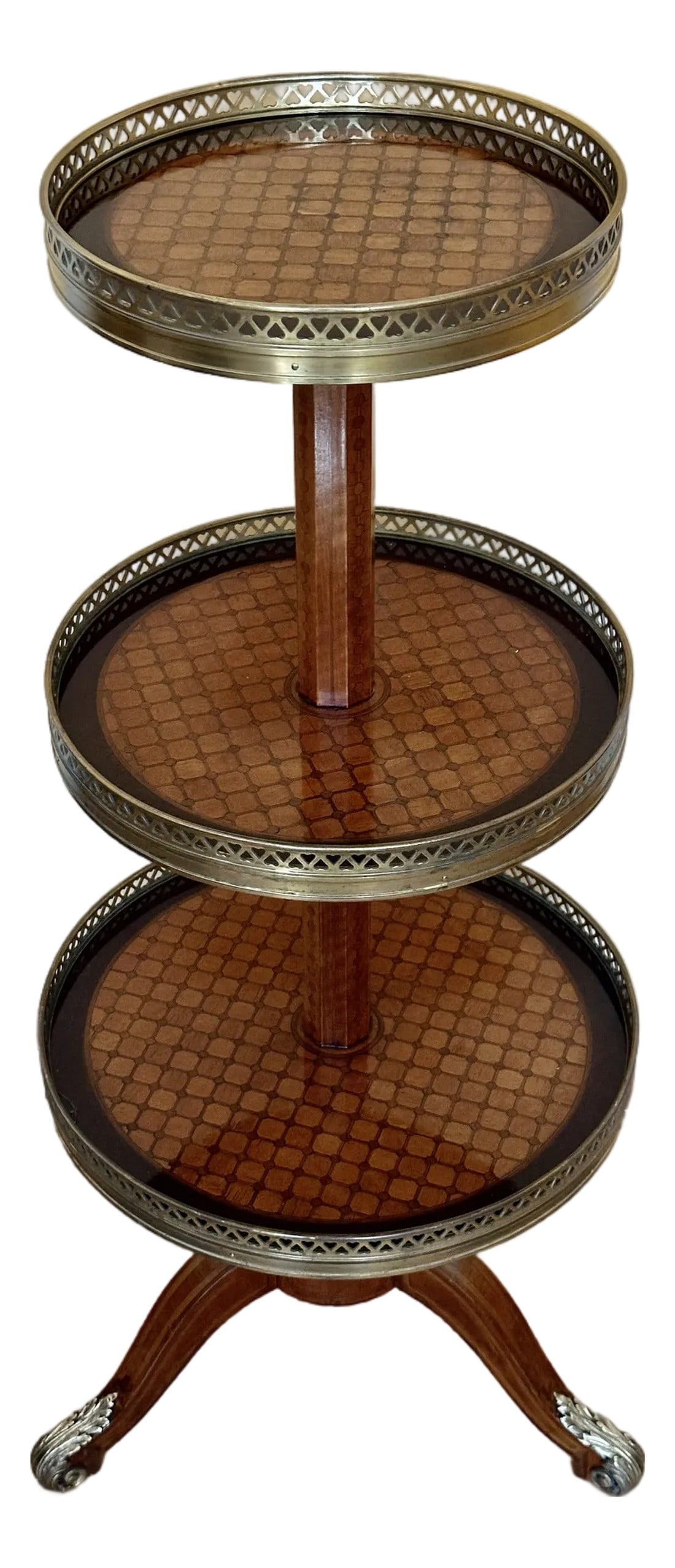 Antique Louis XVI Style Round Three Tier Gueridon: A Fine Louis XVI Style Oval Three Tier Gueridon After The Model by Simon Phillippe Poirier and Martin Carlin. Marquetry is absolutely awesome. Middle tray spins. This fine and unusual gueridon has