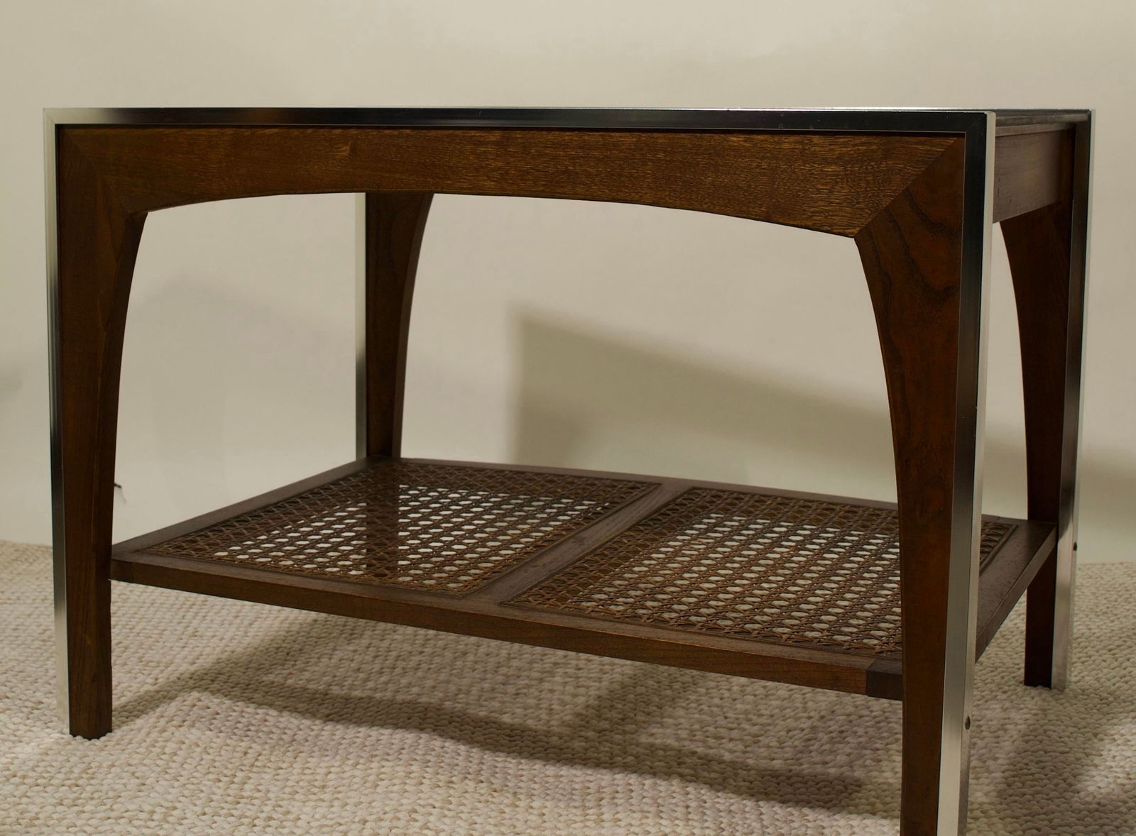 Vintage Side Table With Cane Shelf and Smoked Glass Top - 2