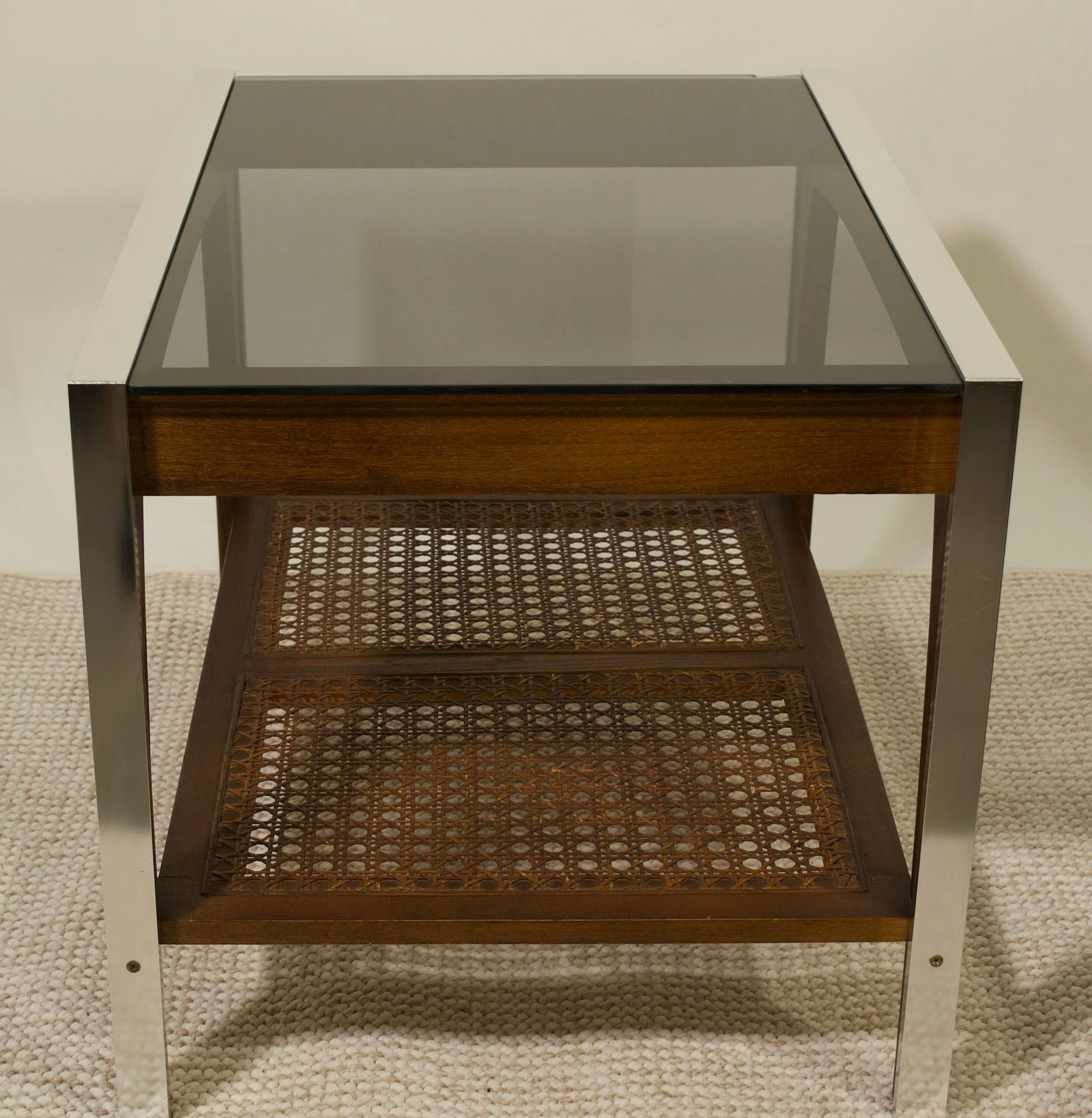 Vintage Side Table With Cane Shelf and Smoked Glass Top - 3