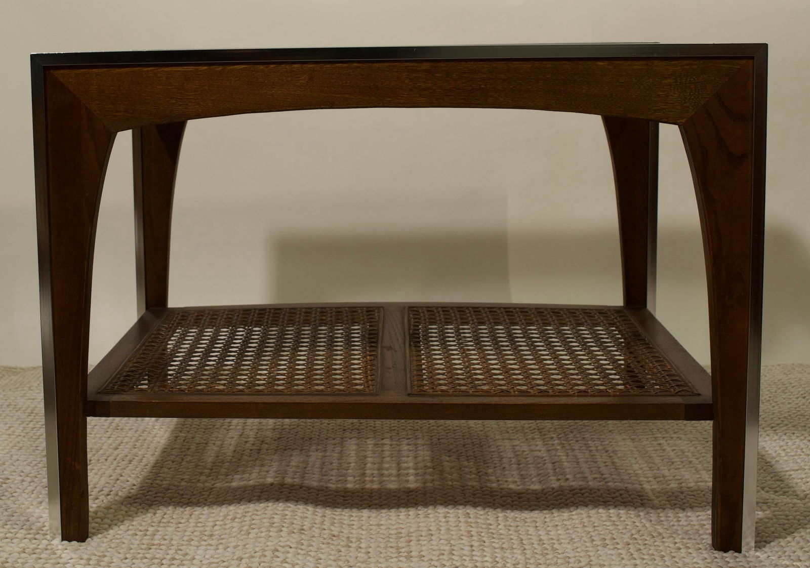 Vintage Side Table With Cane Shelf and Smoked Glass Top - 4