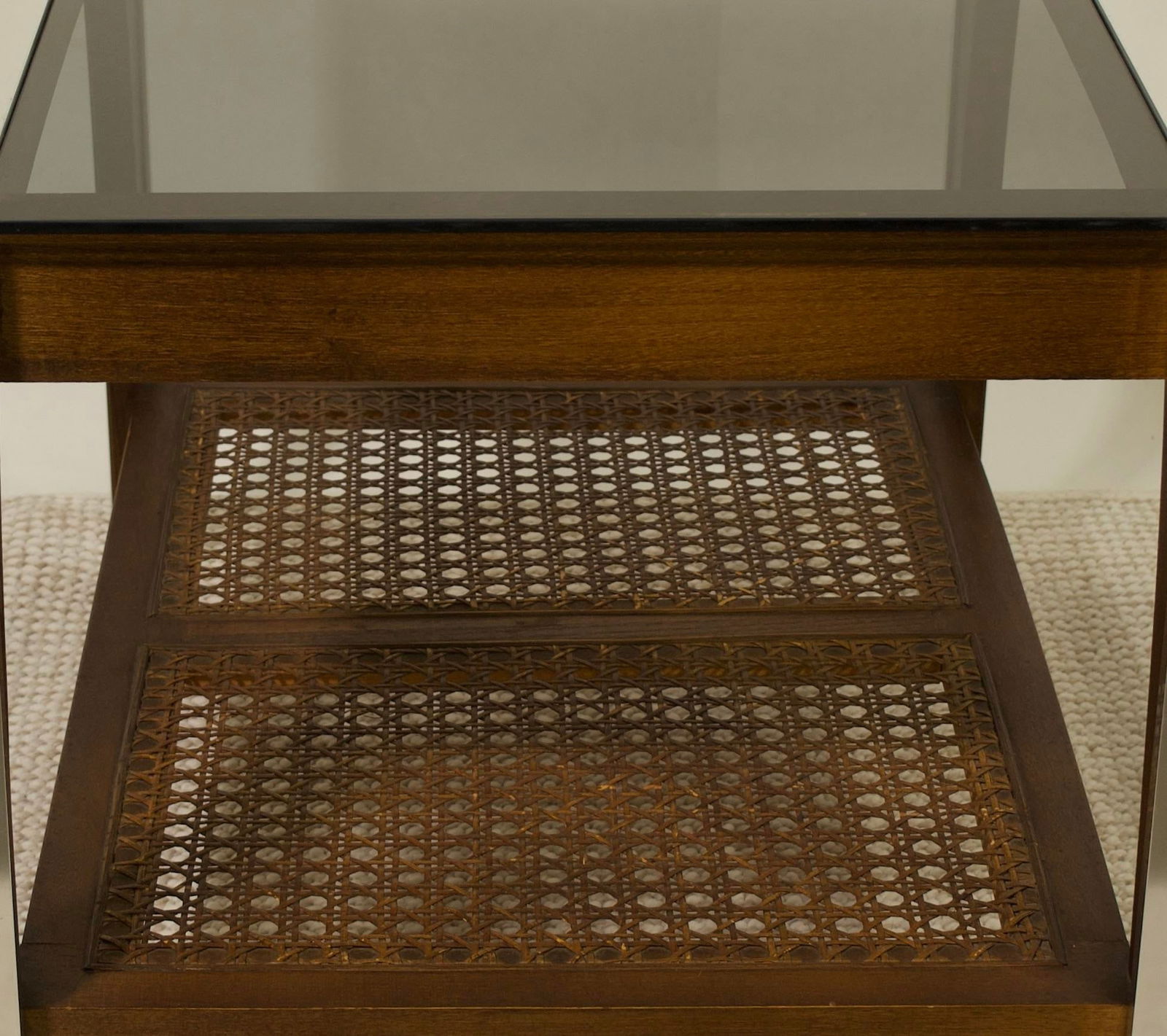 Vintage Side Table With Cane Shelf and Smoked Glass Top - 6