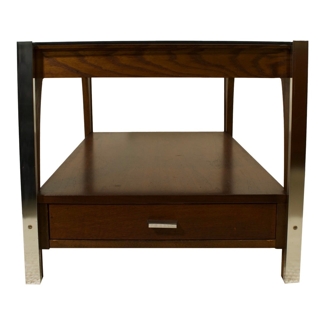 Vintage Side Table With Drawer and Smoked Glass Top: A refined vintage side table featuring a sculptural wood frame, smoked glass top, integrated drawer, and striking chrome accents. The design balances clean modern lines with warm wood tones, offering