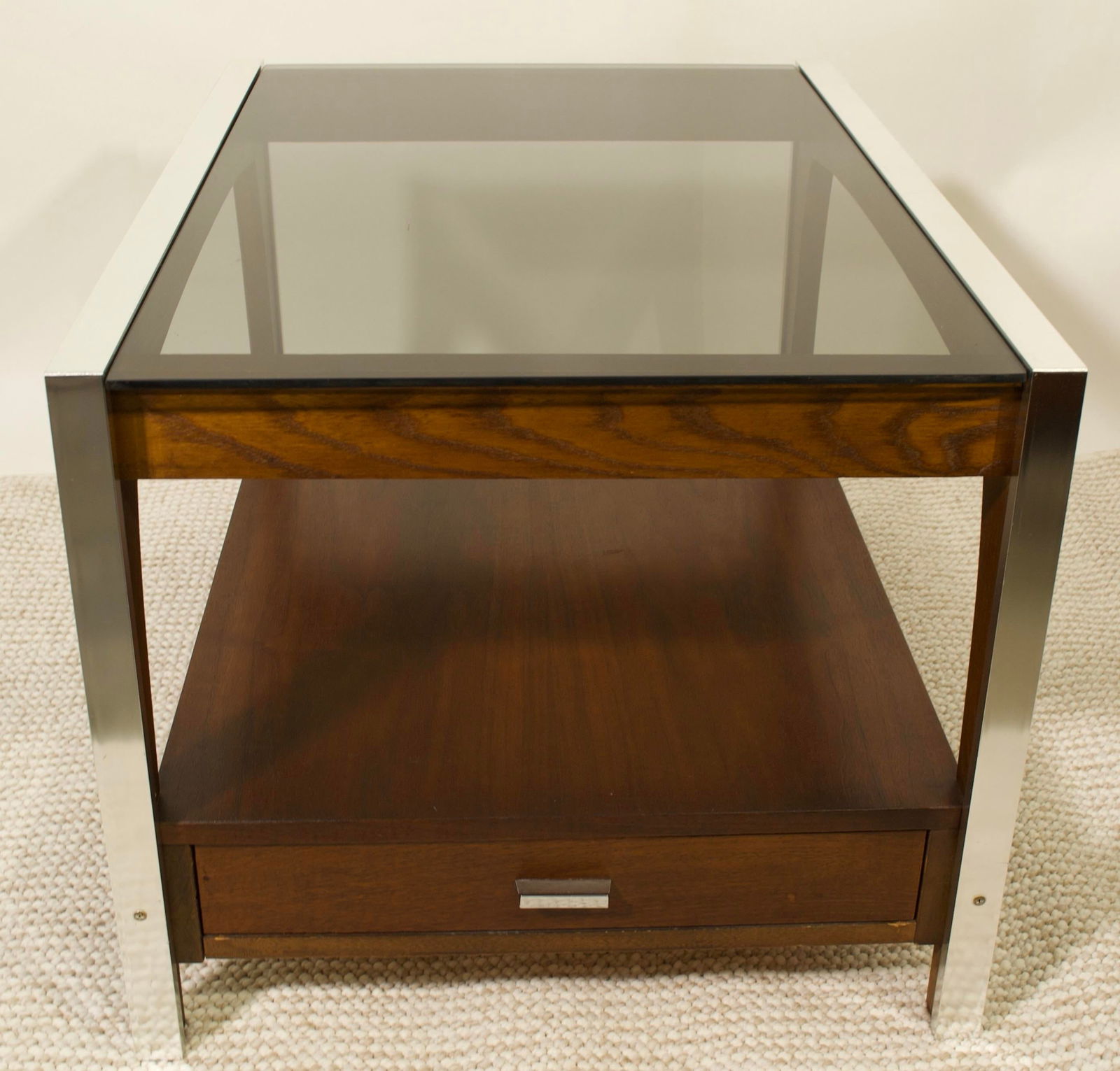 Vintage Side Table With Drawer and Smoked Glass Top - 5