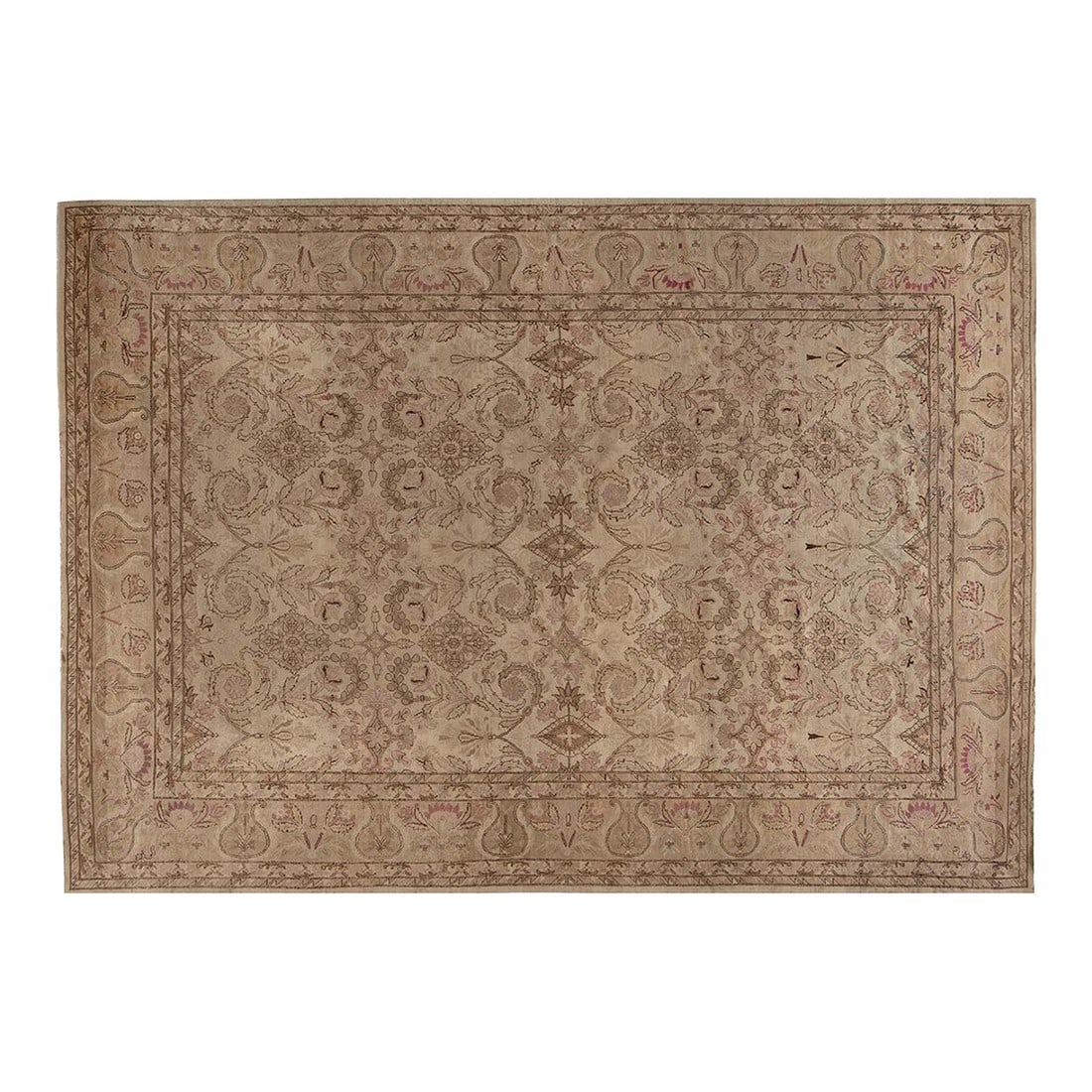 Fine Antique Indian Amritsar Handmade Carpet: A highly decorative early 20th century Indian Amritsar antique carpet, the sand field with a sophisticated trellis of curving feathery leaves and palmette formed medallions within a sand cloud band an