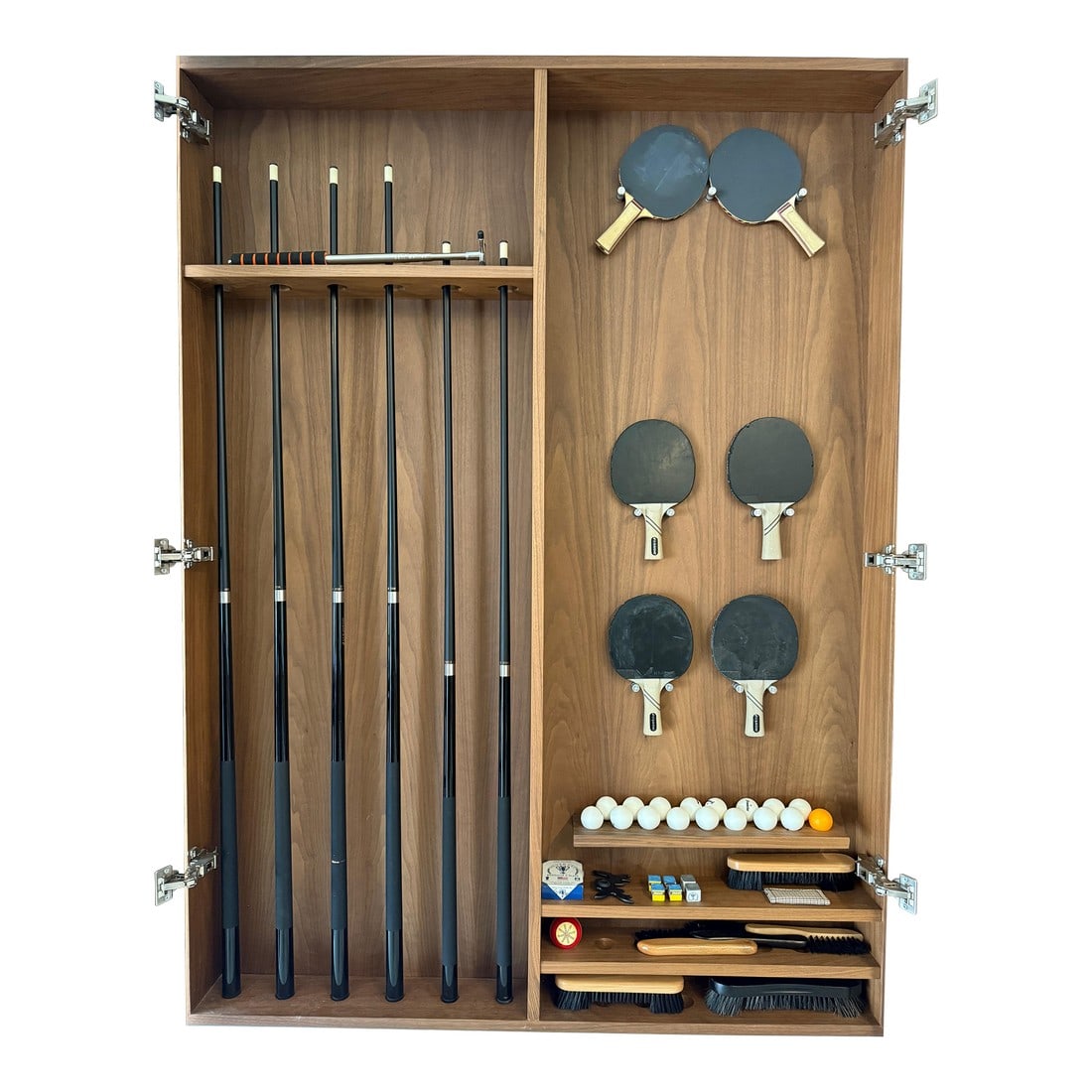 Luxury 3 in 1 Combination Pool Table, Table Tennis Table, Dining / Party Table + Matching Wall Unit: An outstanding, multi-function set of high end design gaming and entertainment furniture. These pieces can hold their own in the finest of homes. Manufactured by 11 Ravens of Los Angeles, makers of