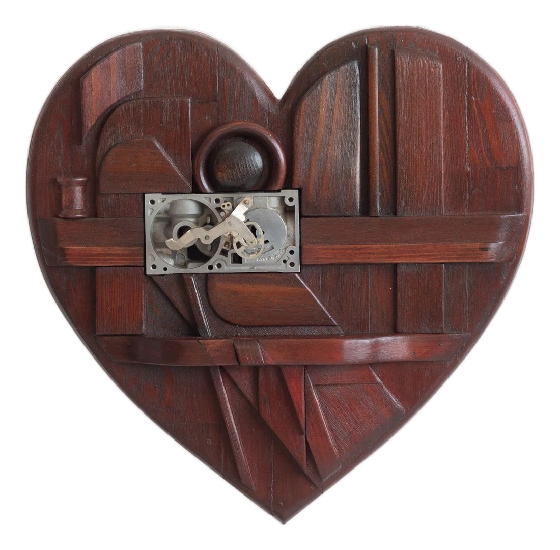 Max Neufeldt Gear Heart Collage 1990c.: Max Neufeldt Gear Heart Collage 1990c. Born in Kansas and raised in Mount Vernon, New York, before settling in Santa Barbara, California, the artist Max Neufeldt imbued his work with a humble