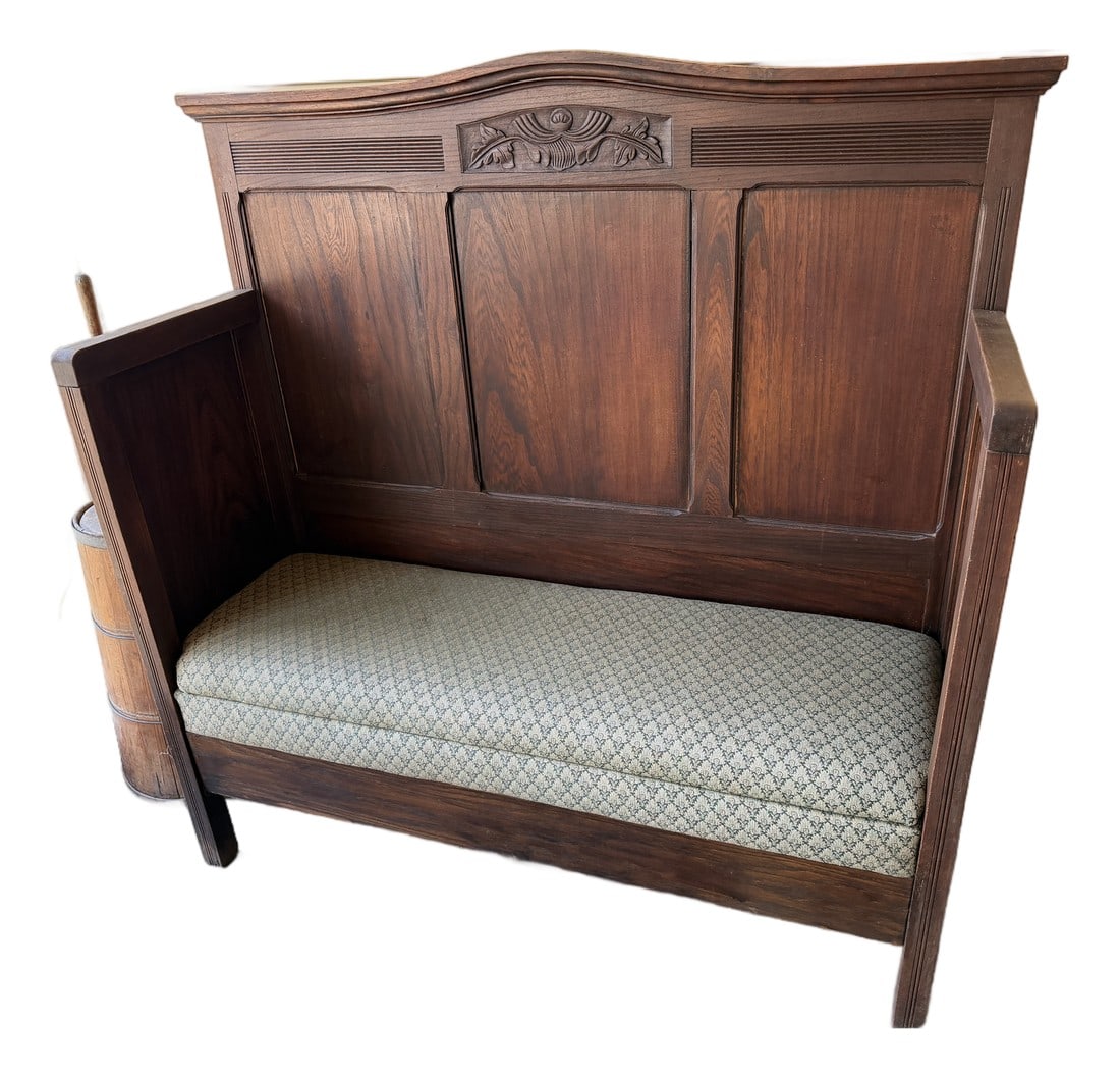 Antique Arts & Crafts Oak Hall Settle Bench With Carved Crest and Upholstered Seat, Circa 1910 (1 of 5)