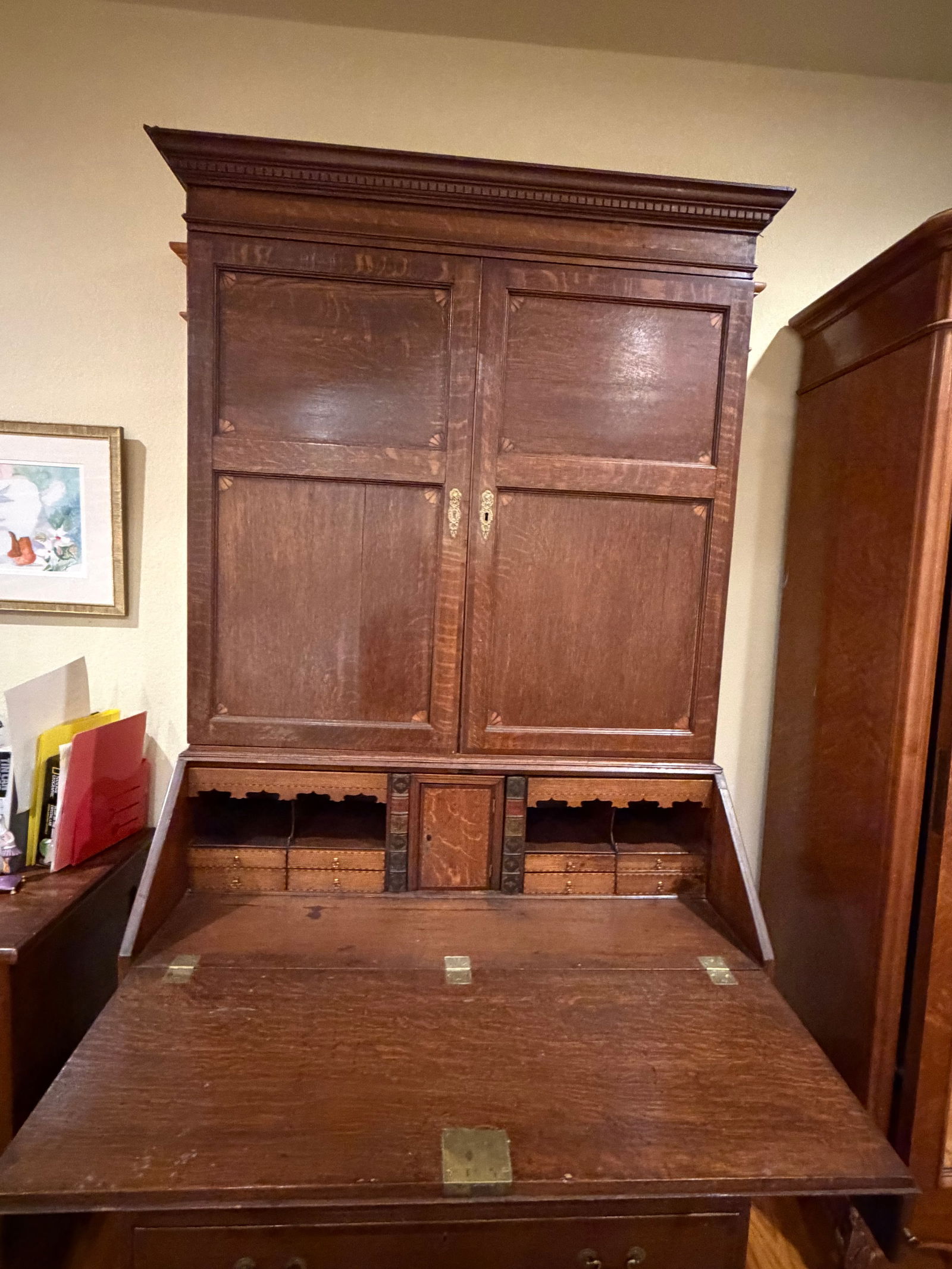 Antique Arts & Crafts Slant-Front Secretary Desk With Upper Cabinet, Circa 1900 - 3