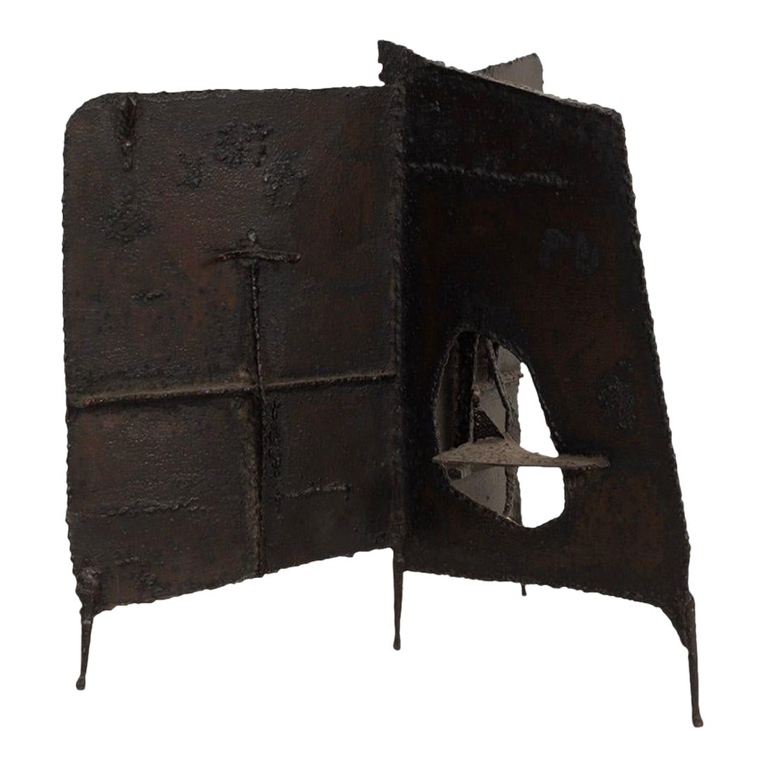 Brutalist Tripod Floor Sculpture, c.1955 – Blackened Steel & Orange Crystal: Brutalist Tripod Floor Sculpture, c.1955 – Blackened Steel & Orange Crystal A striking mid-century floor sculpture styled after the Brutalist works of Falkenstein and Chadwick, this tripod