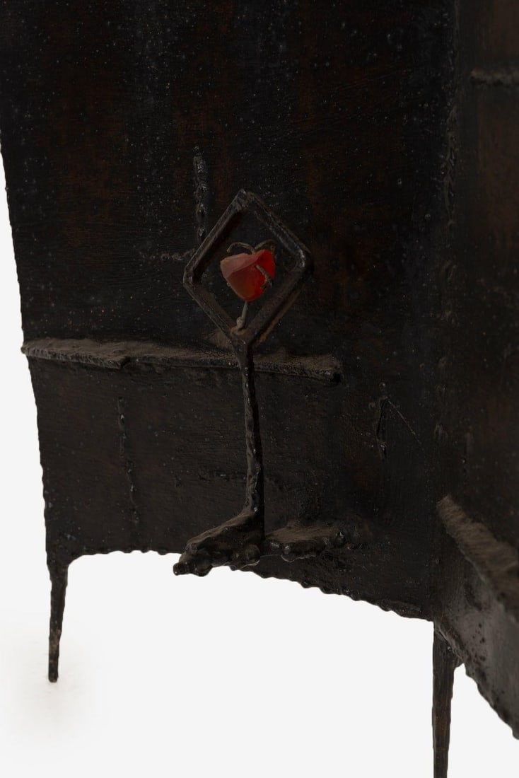 Brutalist Tripod Floor Sculpture, c.1955 – Blackened Steel & Orange Crystal - 9