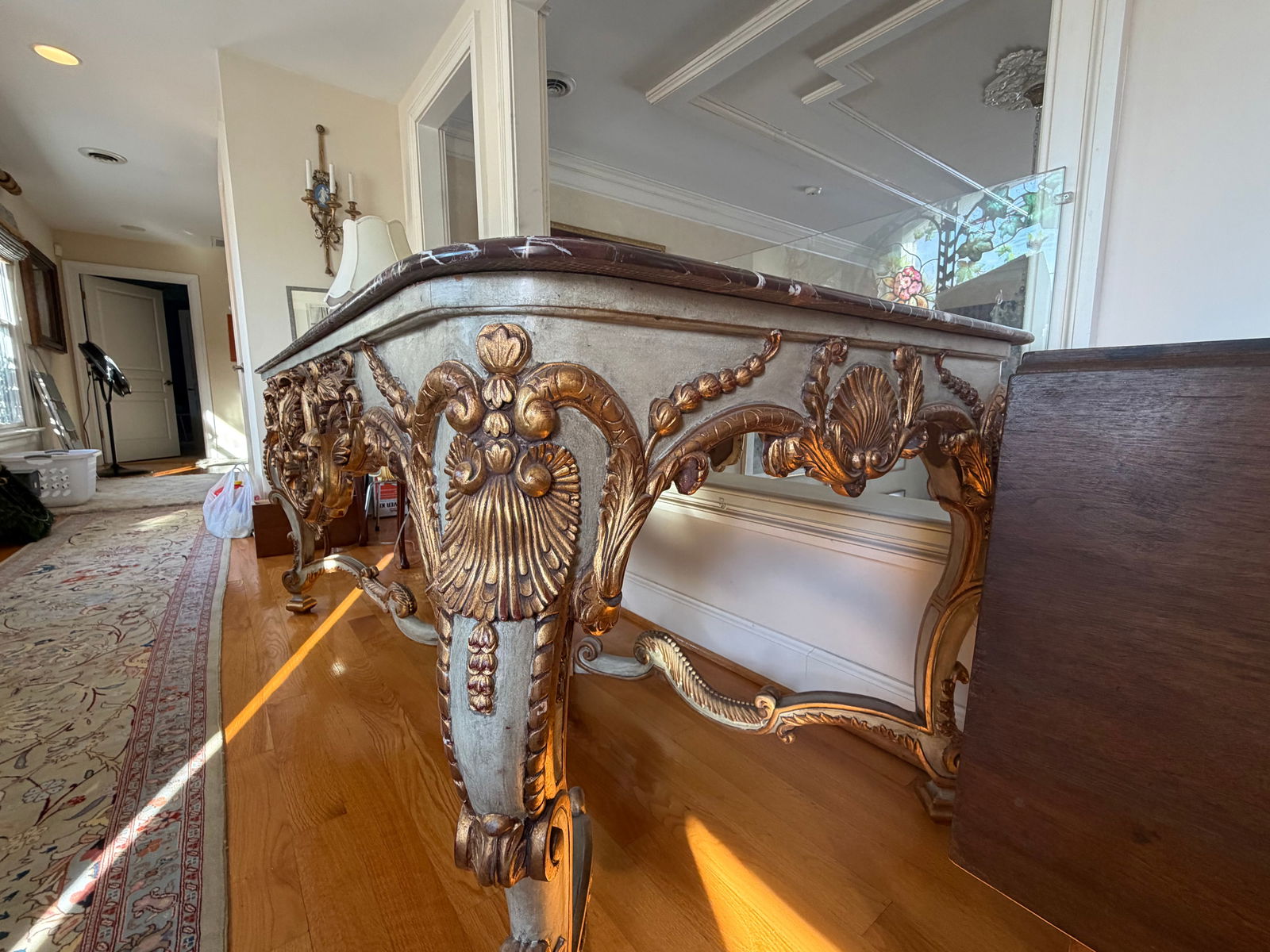 Antique French Rococo Revival Marble Top Table With Gilt Carved Base, Circa 1900 - 2