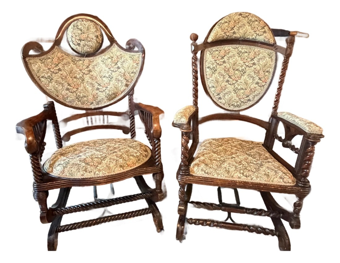 Pair of Antique Victorian Barley Twist Upholstered Franklin Rocking Chairs, Circa Late 19th Century (1 of 8)