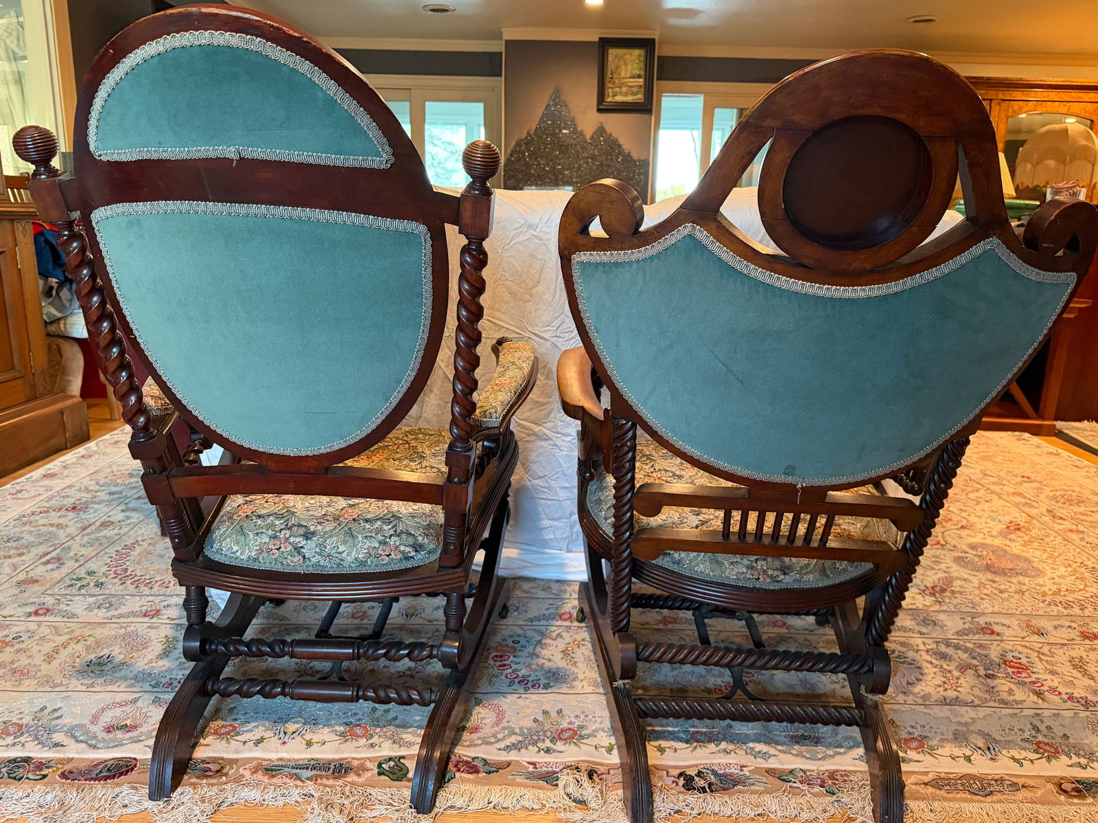 Pair of Antique Victorian Barley Twist Upholstered Franklin Rocking Chairs, Circa Late 19th Century - 2