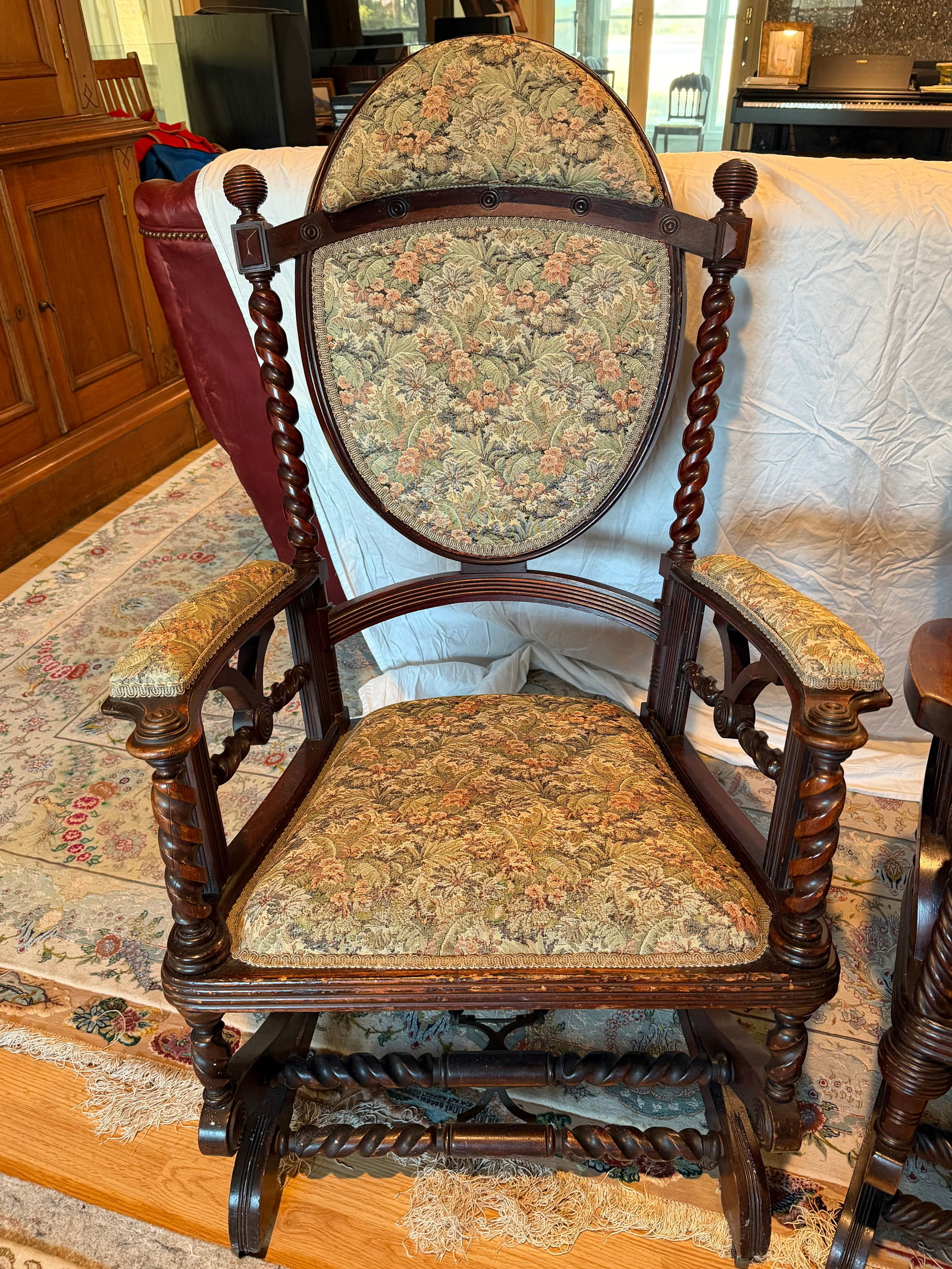 Pair of Antique Victorian Barley Twist Upholstered Franklin Rocking Chairs, Circa Late 19th Century - 3