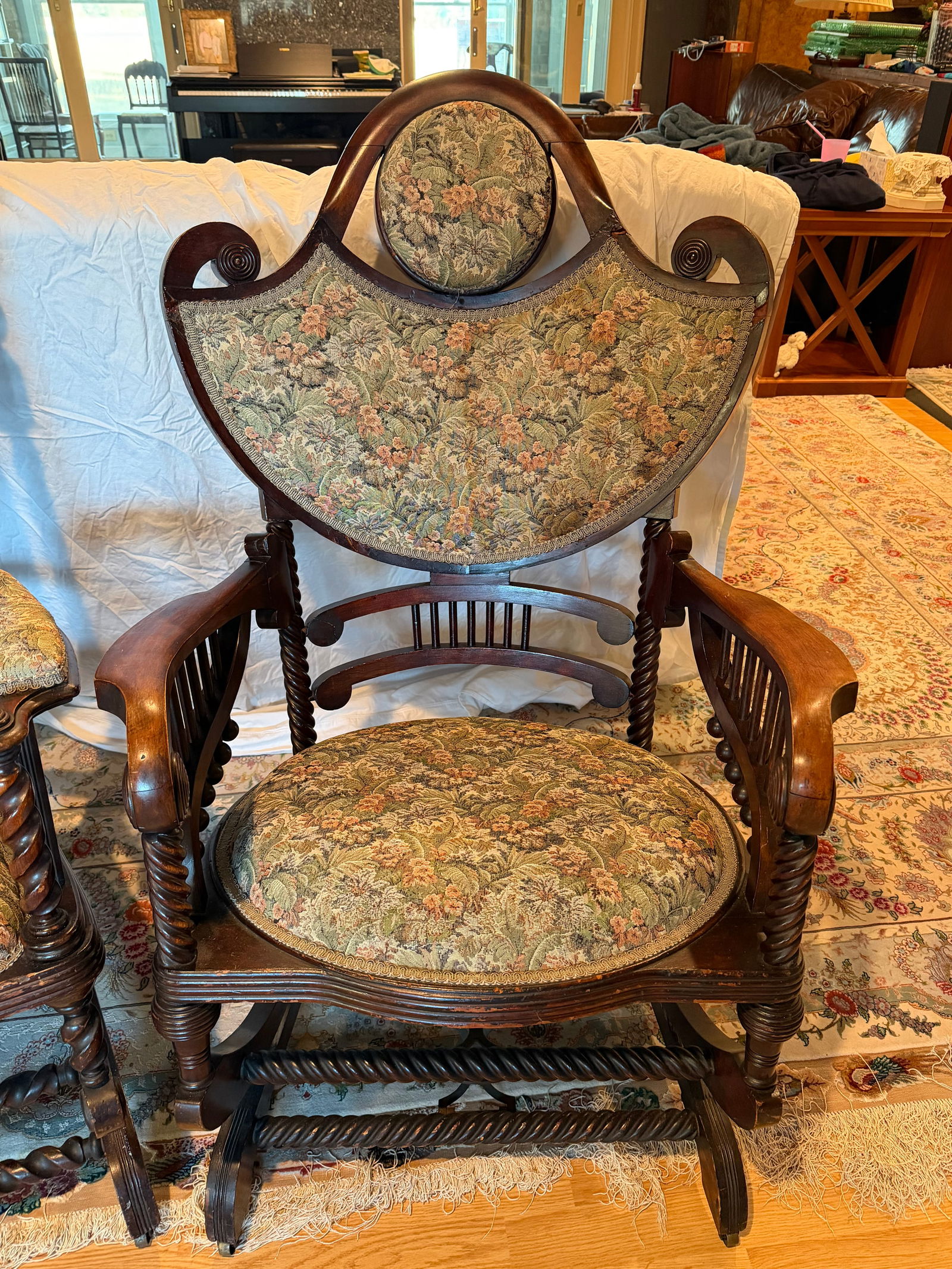 Pair of Antique Victorian Barley Twist Upholstered Franklin Rocking Chairs, Circa Late 19th Century - 4