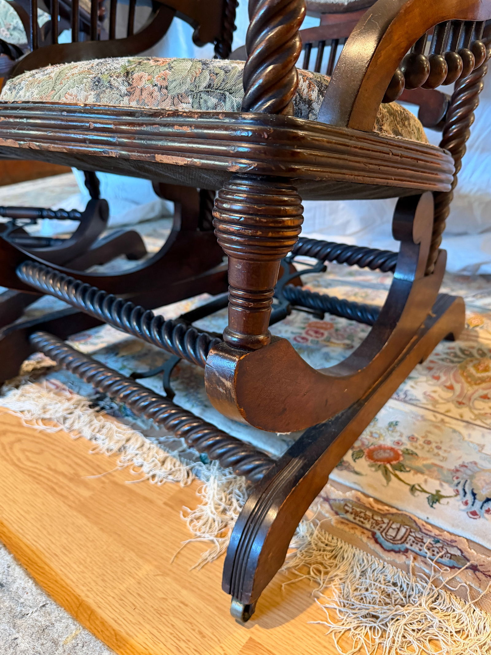 Pair of Antique Victorian Barley Twist Upholstered Franklin Rocking Chairs, Circa Late 19th Century - 5