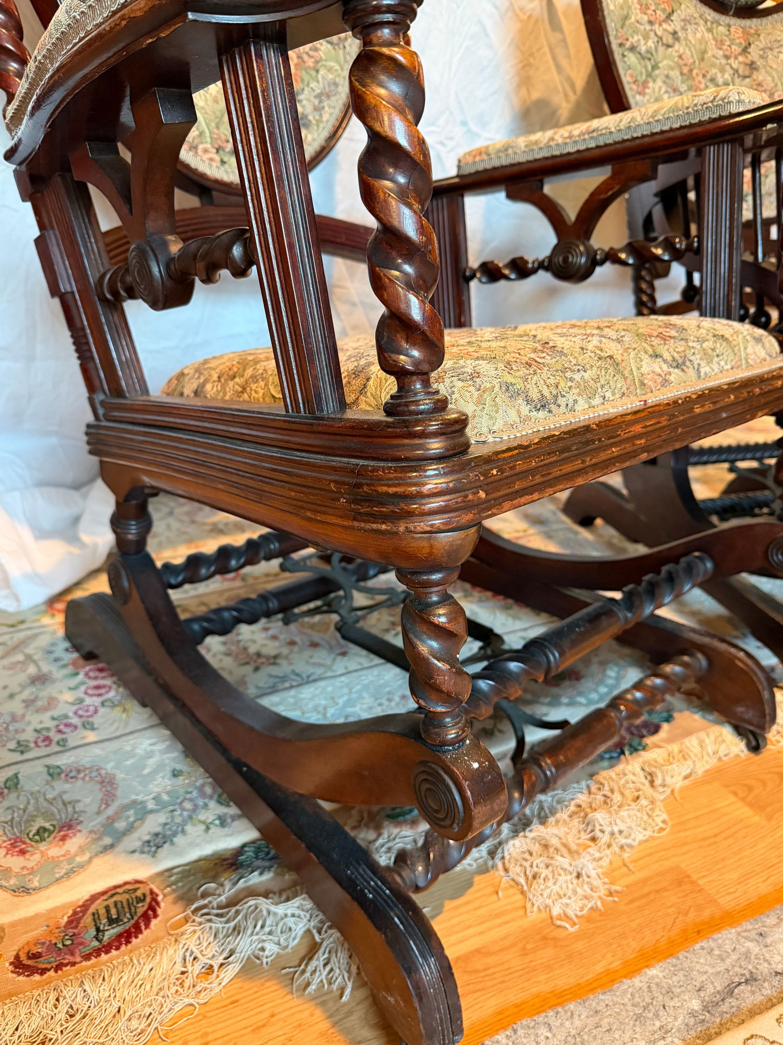 Pair of Antique Victorian Barley Twist Upholstered Franklin Rocking Chairs, Circa Late 19th Century - 6