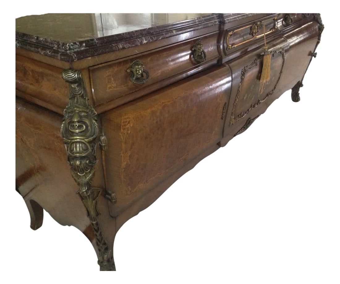 Sculptural 19th Century French Louis XV Bombé Marble-Top Sideboard: A large-scale 19th-century French Louis XV console featuring a sculptural bombé silhouette, original gilt-bronze mounts, and a shaped marble top. Elegant in form and generous in scale, this