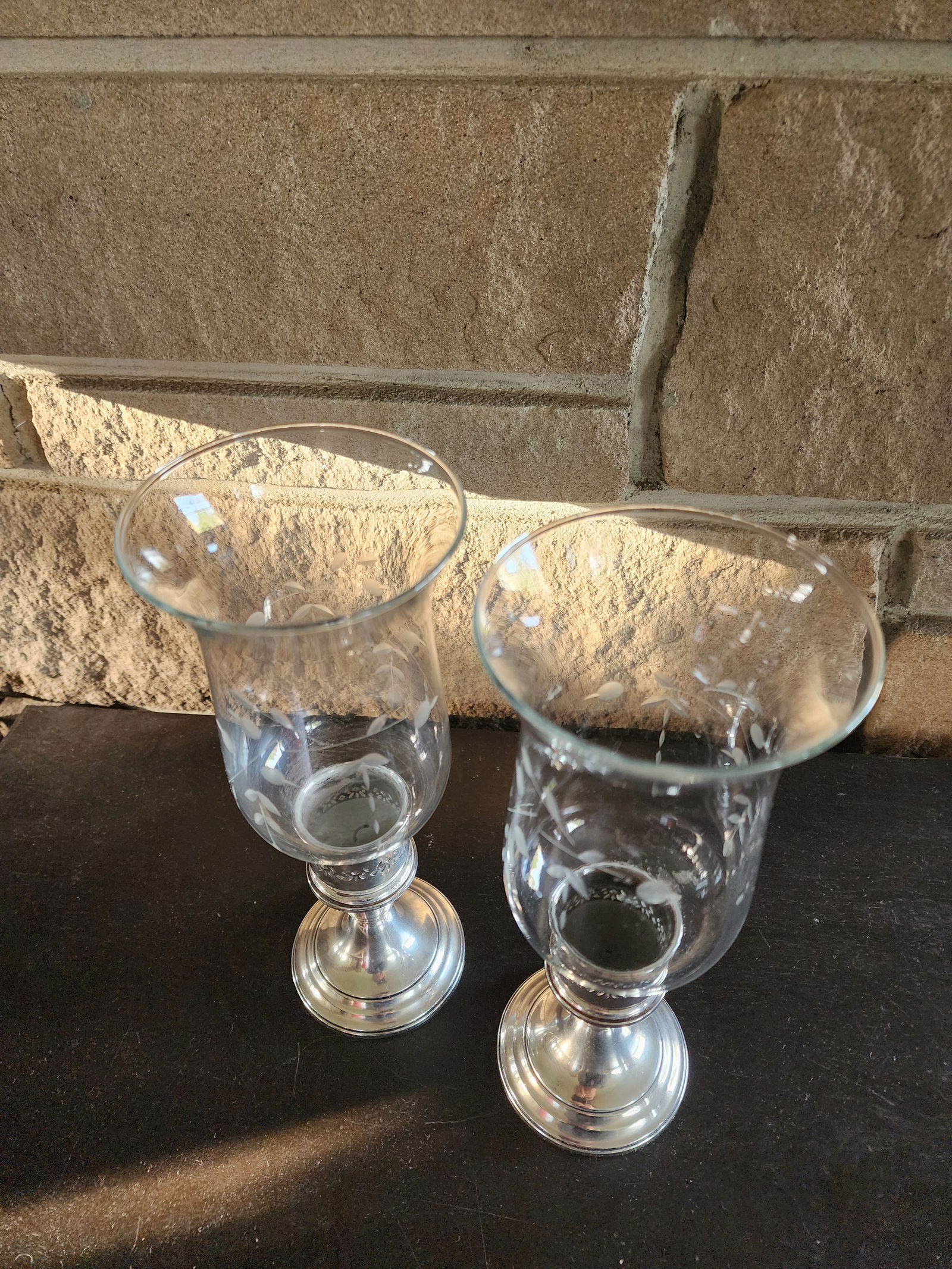 1970s Gorham Sterling Silver Candle Sticks With Etched Glass Hurricane Shades - a Pair - 2