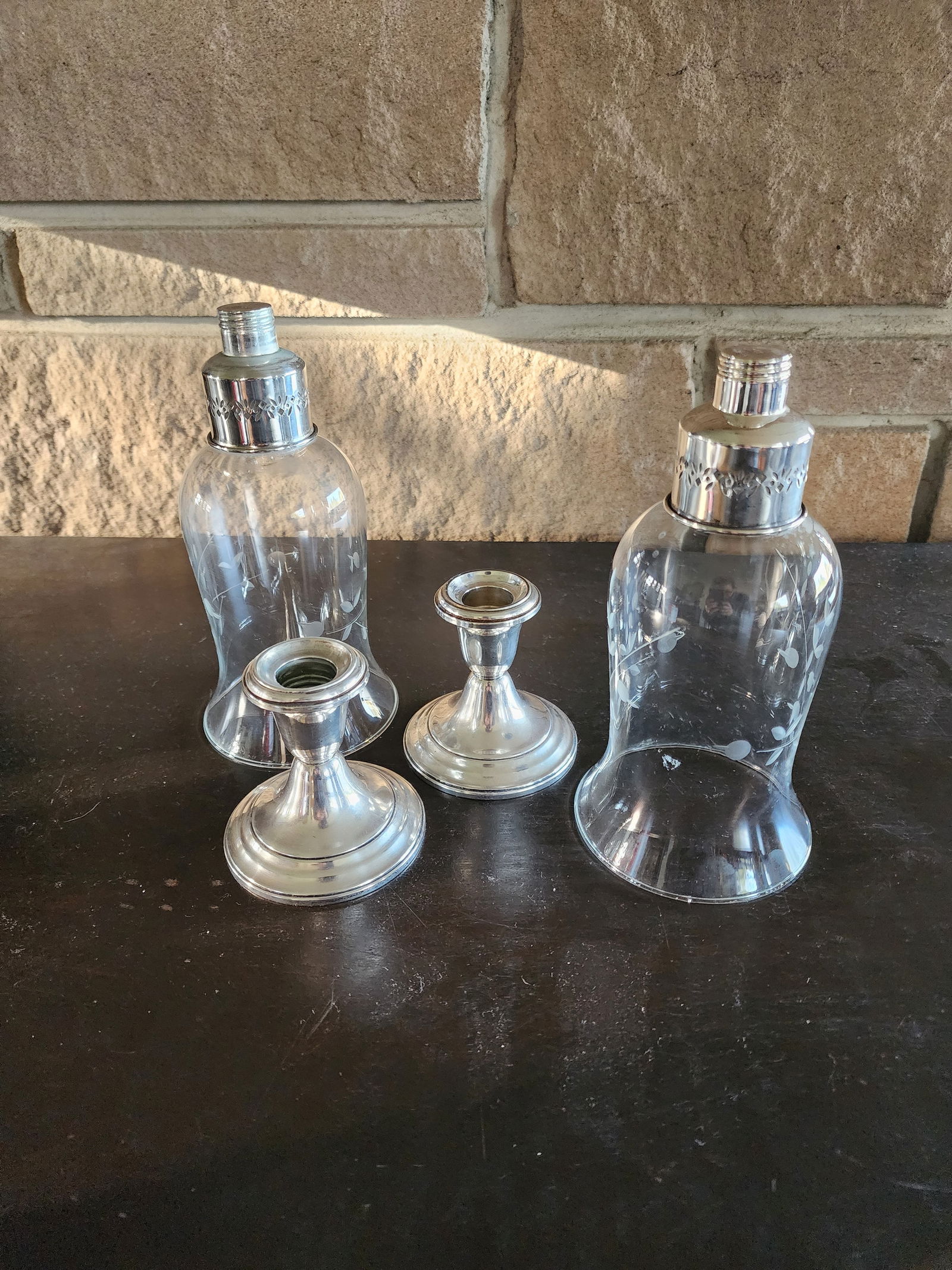 1970s Gorham Sterling Silver Candle Sticks With Etched Glass Hurricane Shades - a Pair - 3