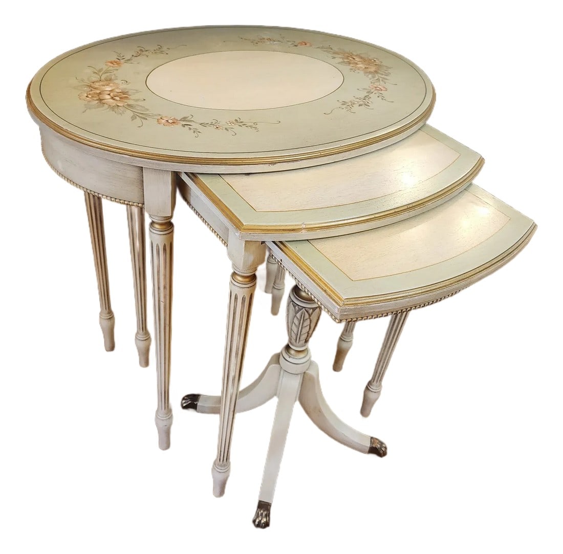 1950s Beautiful French Country Nesting Tables: Vintage set by Imperial CO. The Crowning Touch delicately hand painted with flowers. Nice and sturdy for size Large table 18x24x24 Medium. 15x18x24 Small table 12x18x22 They are in lovely