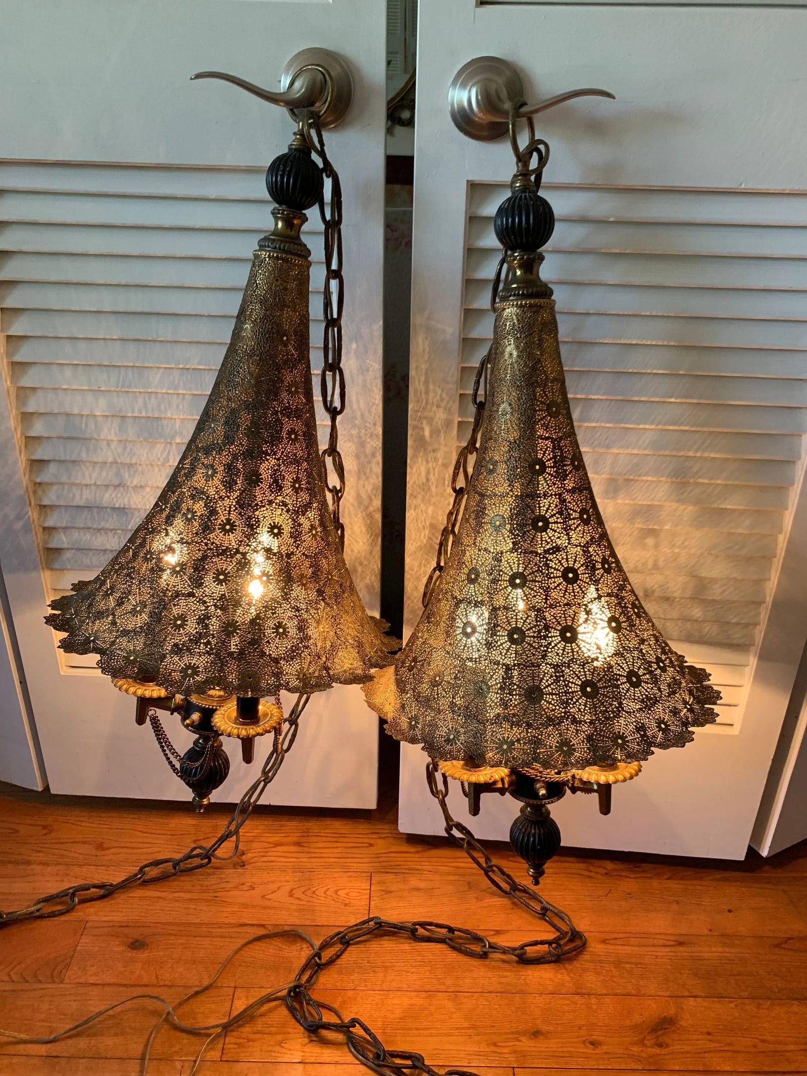 Vintage 1960s Moroccan Moorish Pierced Brass Hanging Lamps - a Pair - 2