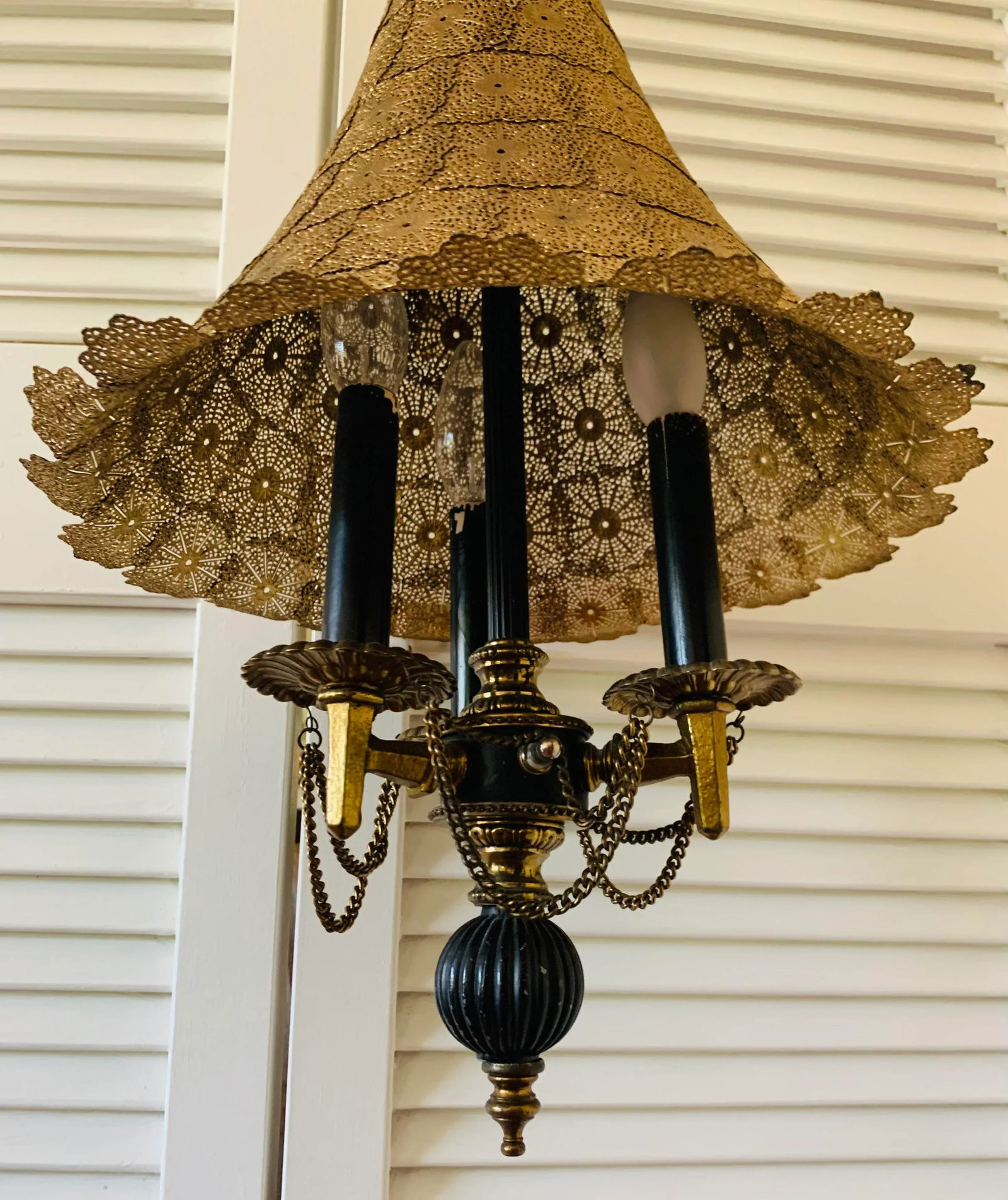 Vintage 1960s Moroccan Moorish Pierced Brass Hanging Lamps - a Pair - 5