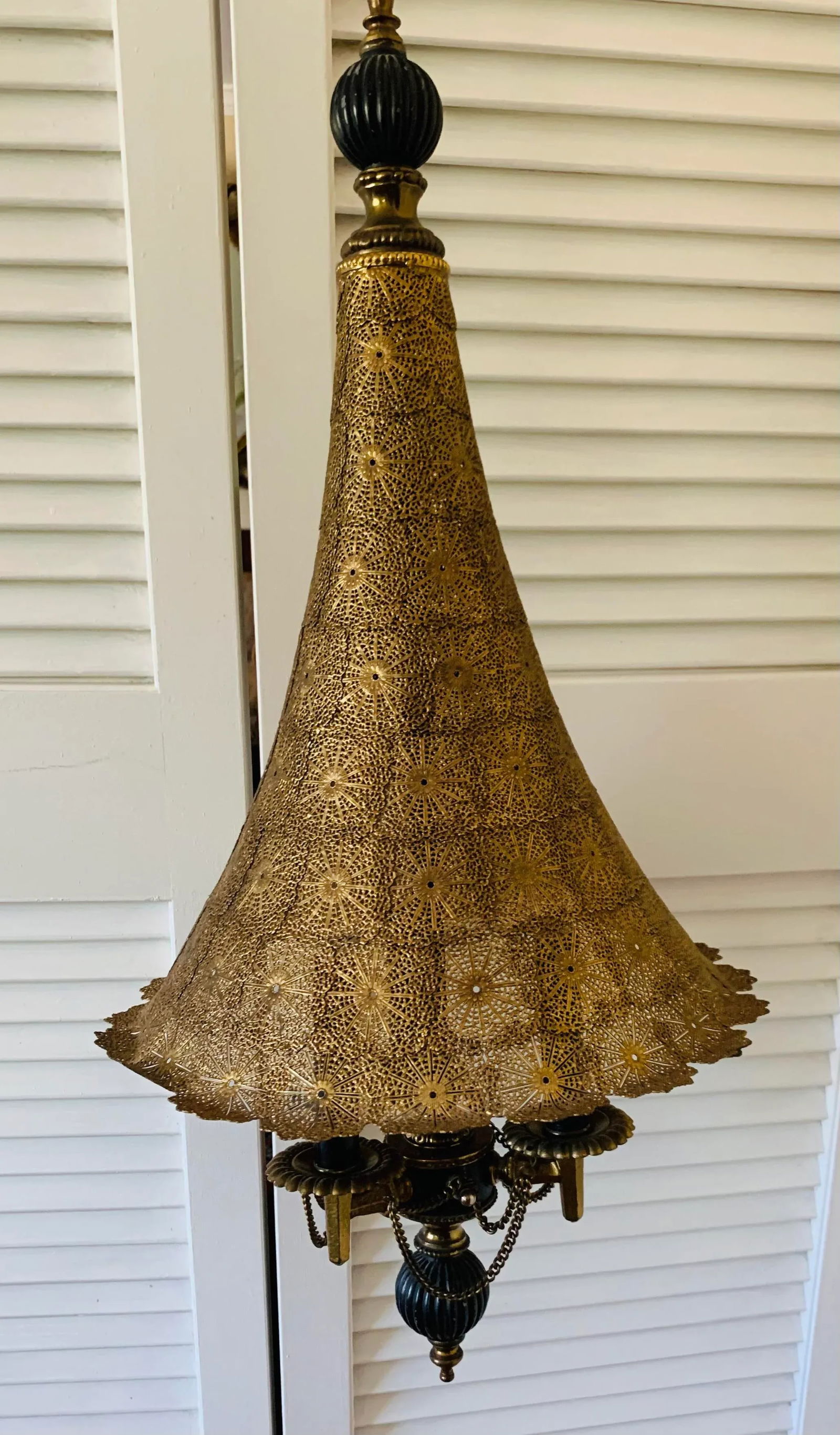 Vintage 1960s Moroccan Moorish Pierced Brass Hanging Lamps - a Pair - 7