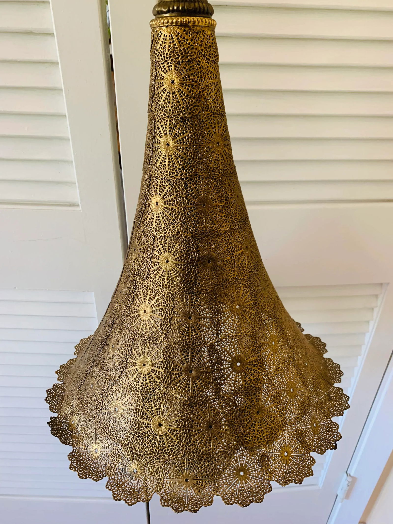 Vintage 1960s Moroccan Moorish Pierced Brass Hanging Lamps - a Pair - 9