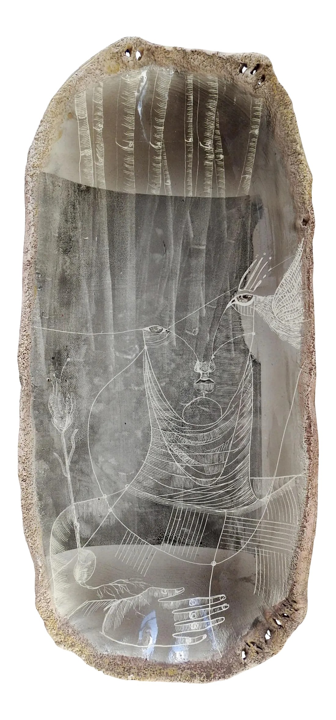 Vintage Abstract Clay Portrait Bowl by Alejandra Almuelle: Vintage abstract clay portrait bowl by Alejandra Almuelle (Peru, American). Textured clay bowl with sgraffito drawing of middle ages era woman, bird, trees and flower over photo transfer and