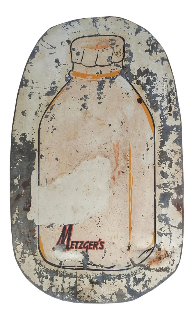 Vintage Distressed Metzger's Milk Bottle Sign: Vintage distressed painted metal Metzger's Milk Bottle sign. Painted on one side of galvanized metal, nail hole at top for hanging. Some paint loss and repainting. Condition: Alterations: