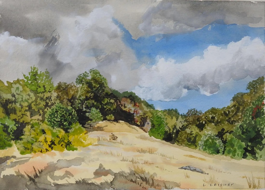 Vintage Hillside Landscape Watercolor Painting: Vintage watercolor on paper landscape painting by Lawrence Leissner (20th Century). Signed L Leissner lower right corner. Unframed. Condition: Alterations: Original Condition Unaltered