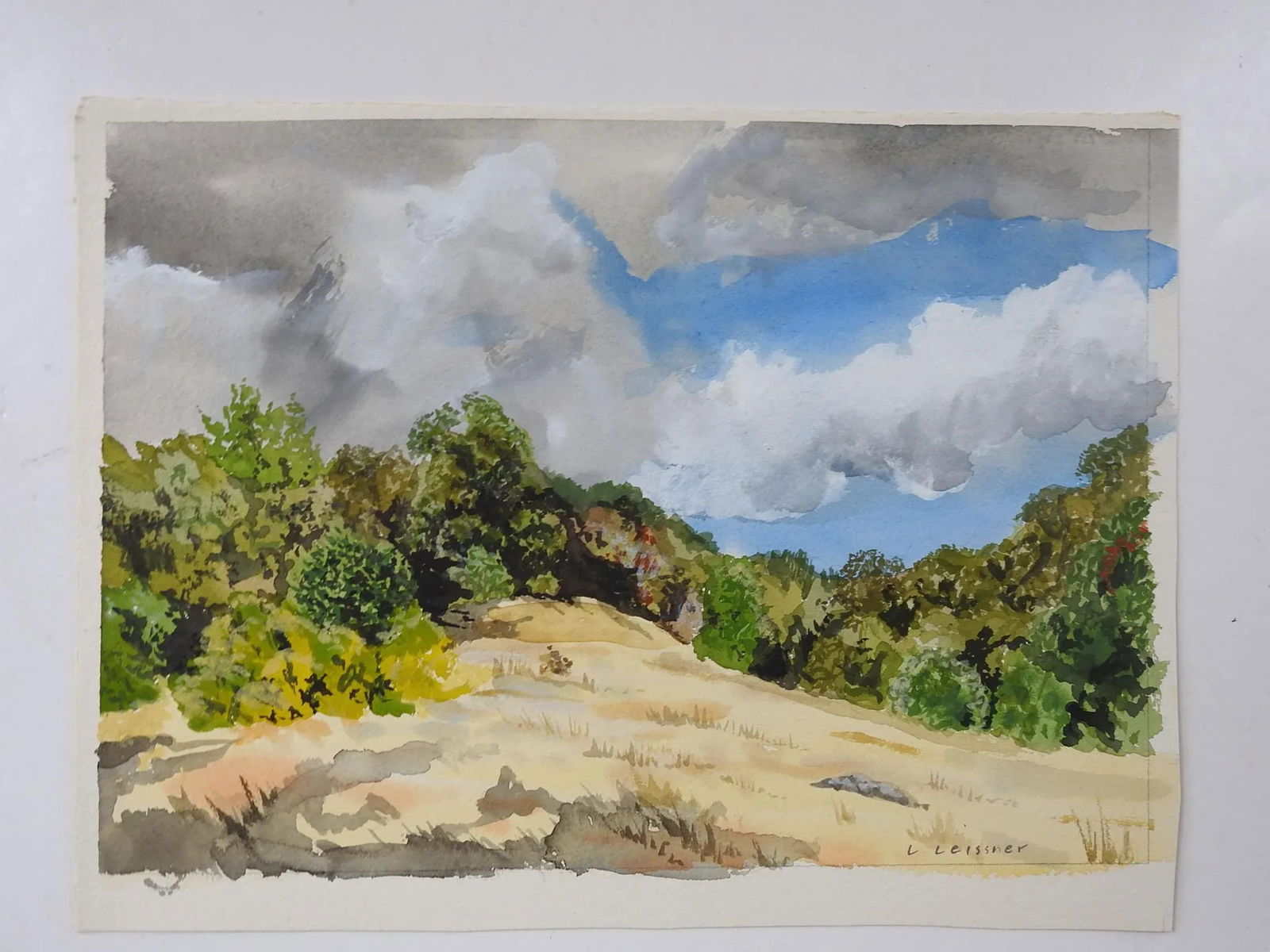 Vintage Hillside Landscape Watercolor Painting - 3