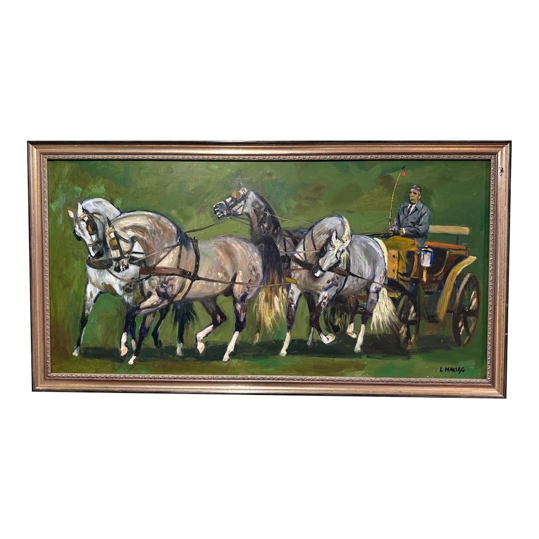 Horse and Carriage - Original Ludwik Maciag Oil Painting: Original oil on canvas by Polish artist Ludwik MaciÄ…g (1920–2007). Large panoramic composition depicting a dynamic four-horse drawn carriage set against an open landscape. Strong