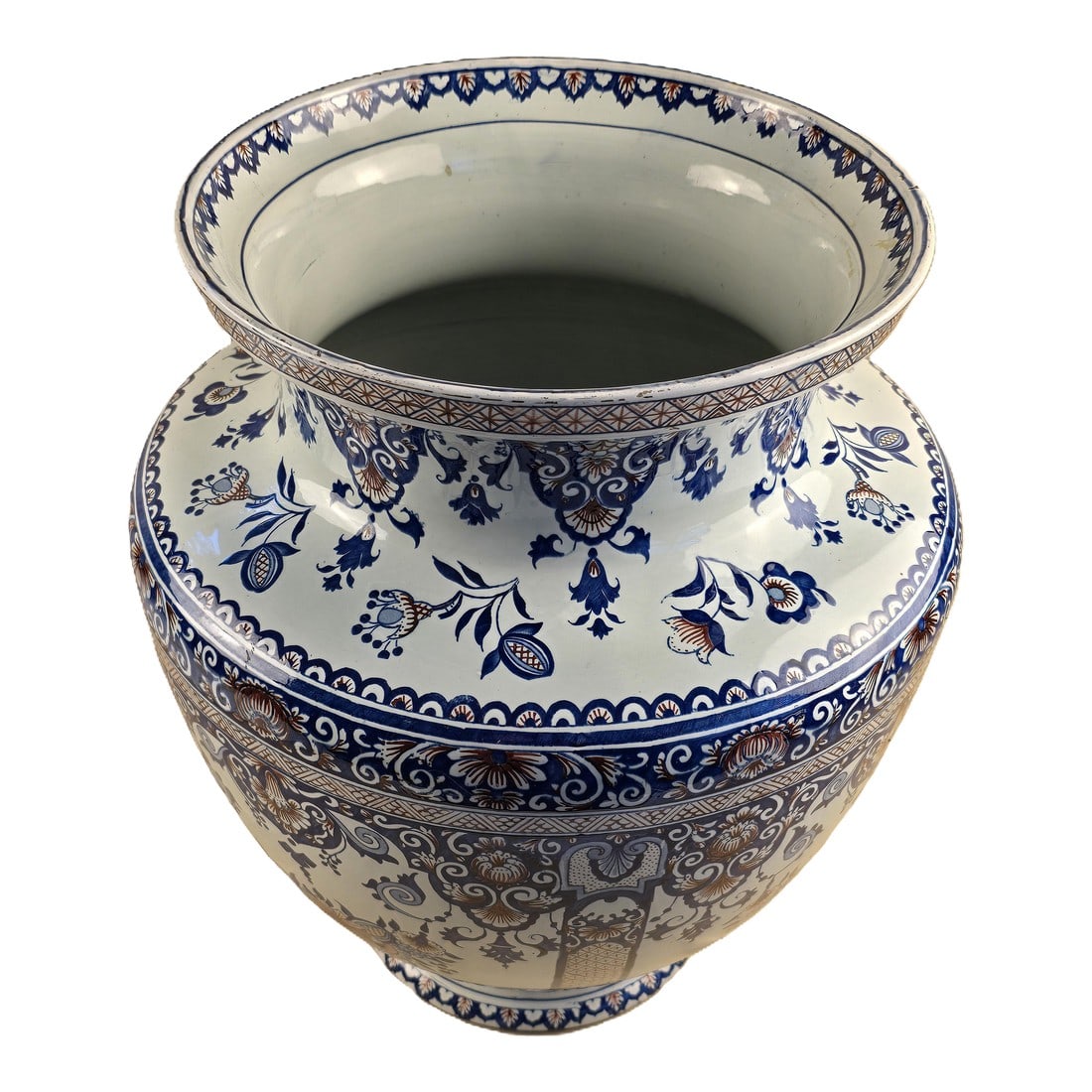 Late 19th Century French Gien Faience Vase, Large: Large Gien (France) faience vase, late 19th century, blue printed tower and banner mark. Painted in blue and dark-red in the Rouen style, with arabesques, diaper pattern, floral swags and stylized