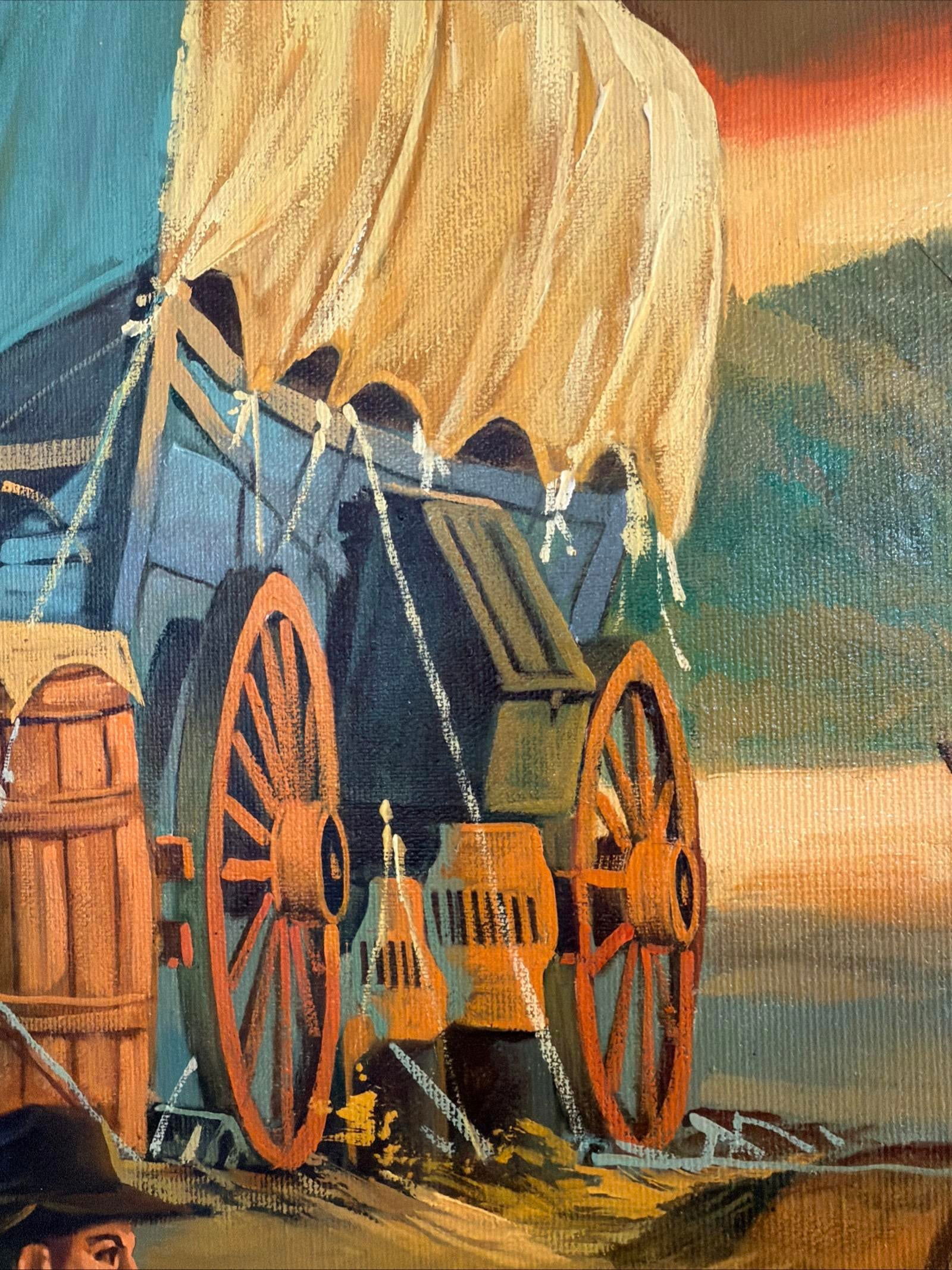 Vintage Original Oil Painting Pioneer Wagon River Crossing Dawn Signed Horman - 10