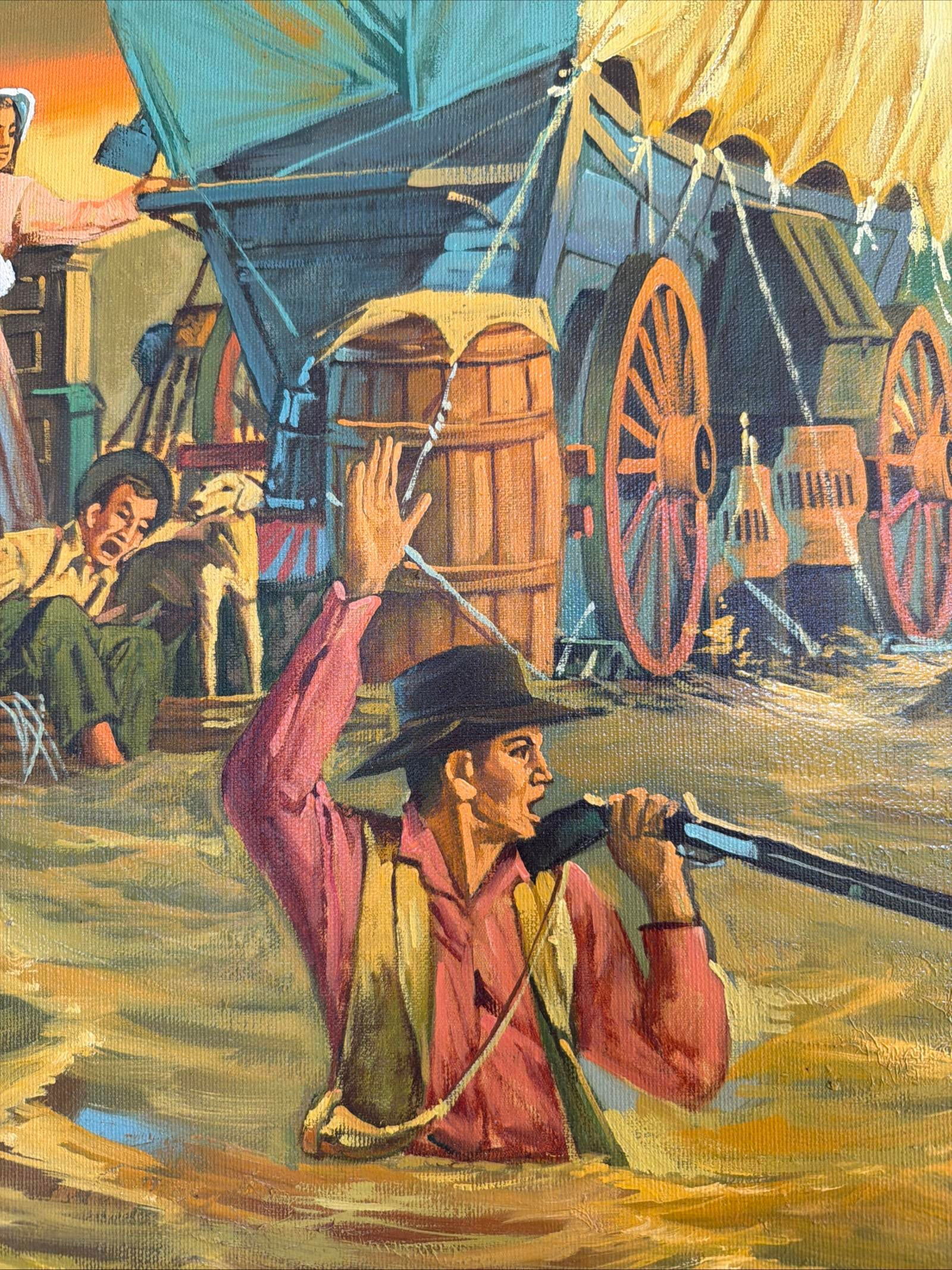 Vintage Original Oil Painting Pioneer Wagon River Crossing Dawn Signed Horman - 11