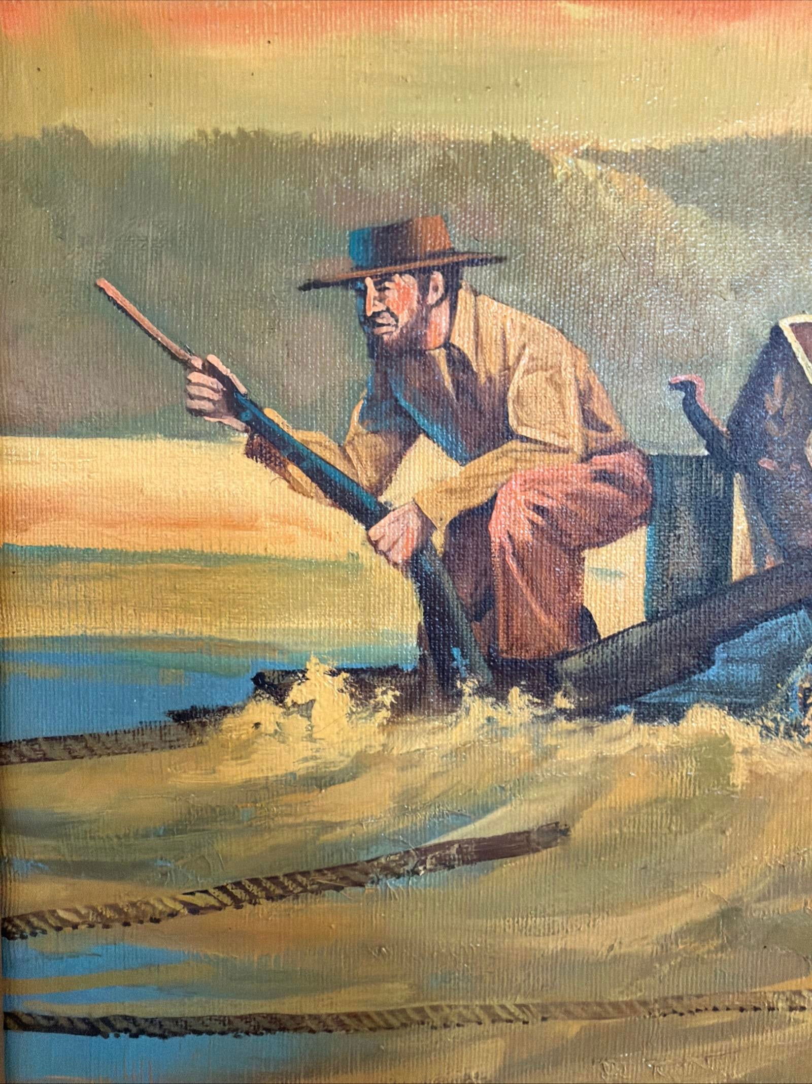 Vintage Original Oil Painting Pioneer Wagon River Crossing Dawn Signed Horman - 5