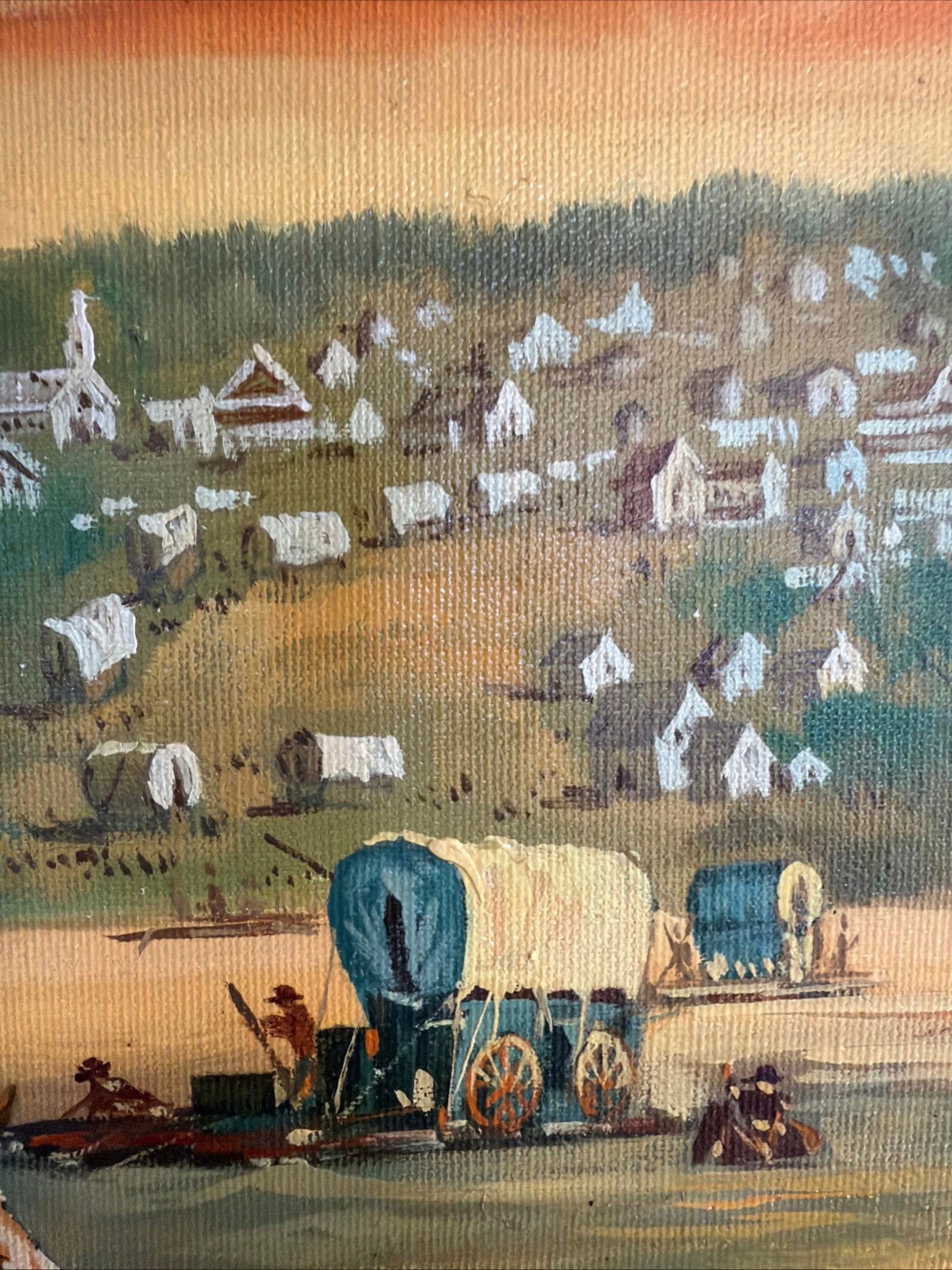 Vintage Original Oil Painting Pioneer Wagon River Crossing Dawn Signed Horman - 8