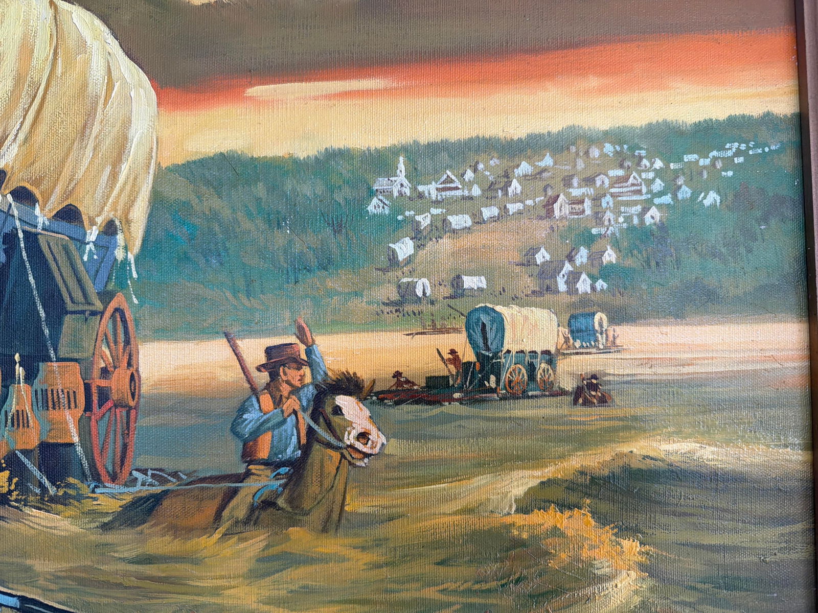 Vintage Original Oil Painting Pioneer Wagon River Crossing Dawn Signed Horman - 9
