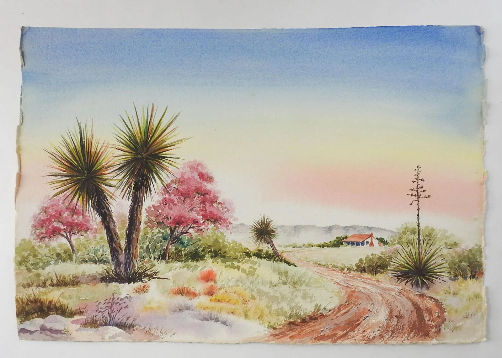 Vintage Mountain Desert Ranch Landscape Watercolor Painting - 2