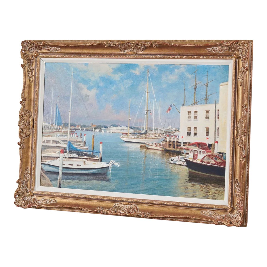 Mid 20th Century Signed Oil on Board by Kenneth Raymond Denton (British; 1932–2024) | 'The: Signed Oil on Board by Kenneth Raymond Denton (British; 1932–2024) | 'The Harbour at Newport, RI' Condition: Alterations: Original Condition Unaltered Imperfections: Some Imperfections