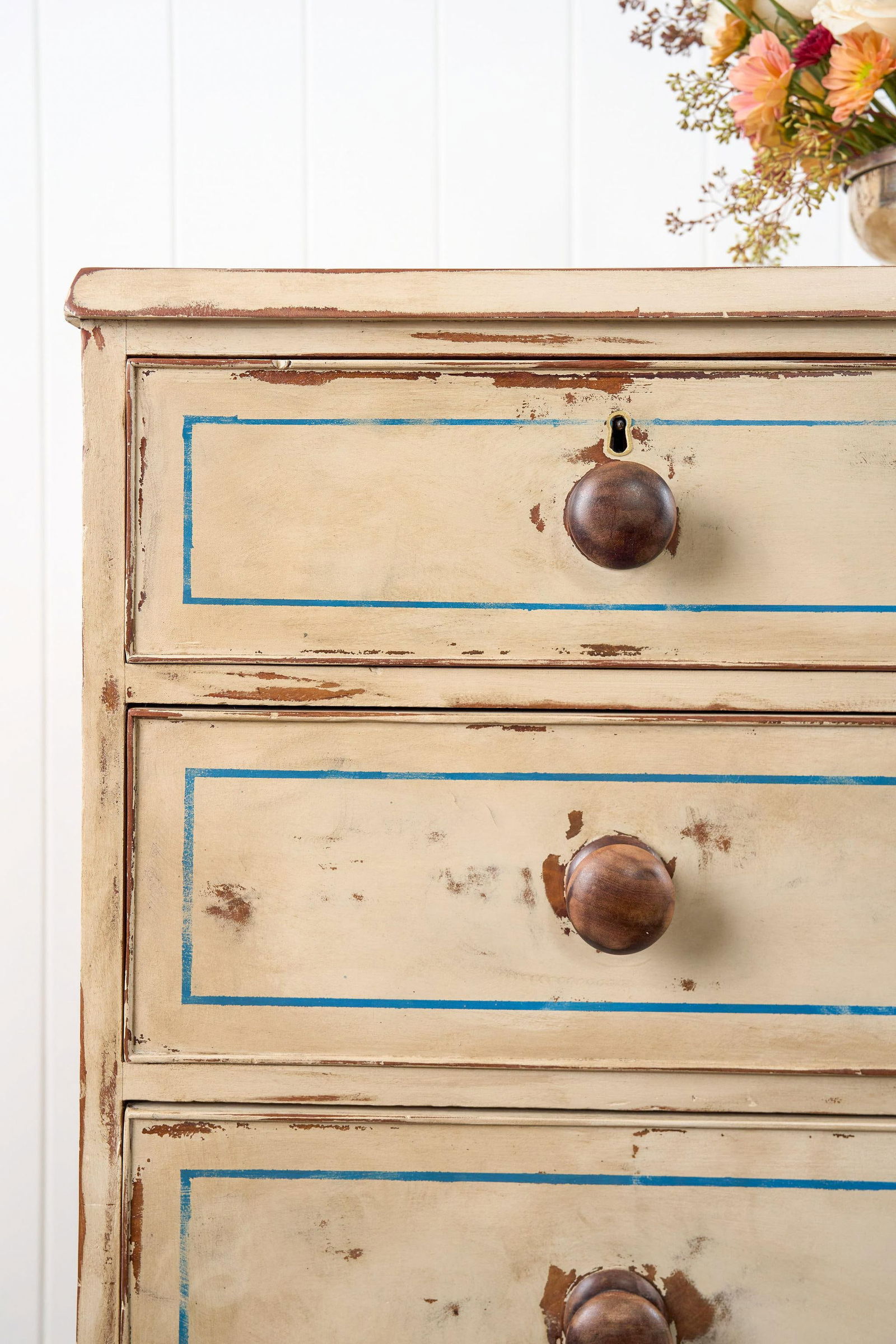 19th Century Victorian Two Over Three Painted Pine Chest With Blue Accents - 4